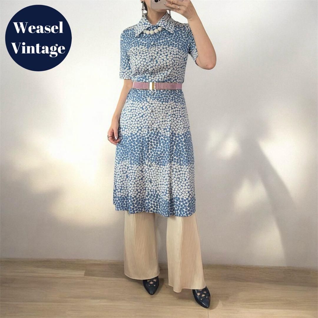 ヴィンテージ レトロ古着 花柄ジャージーワンピース 青 半袖 くるみボタン