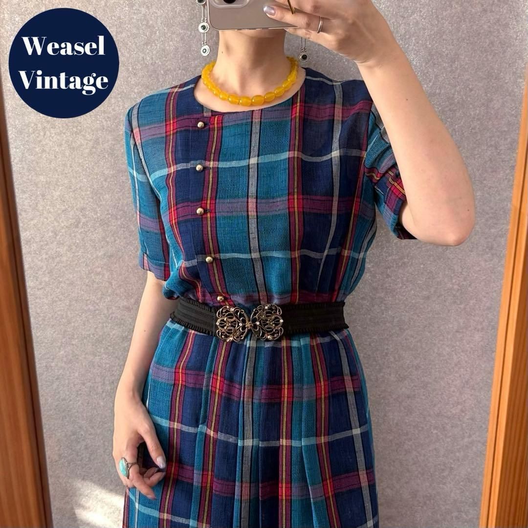 ヴィンテージ レトロ古着 マドラスチェック柄ワンピース 半袖 青系