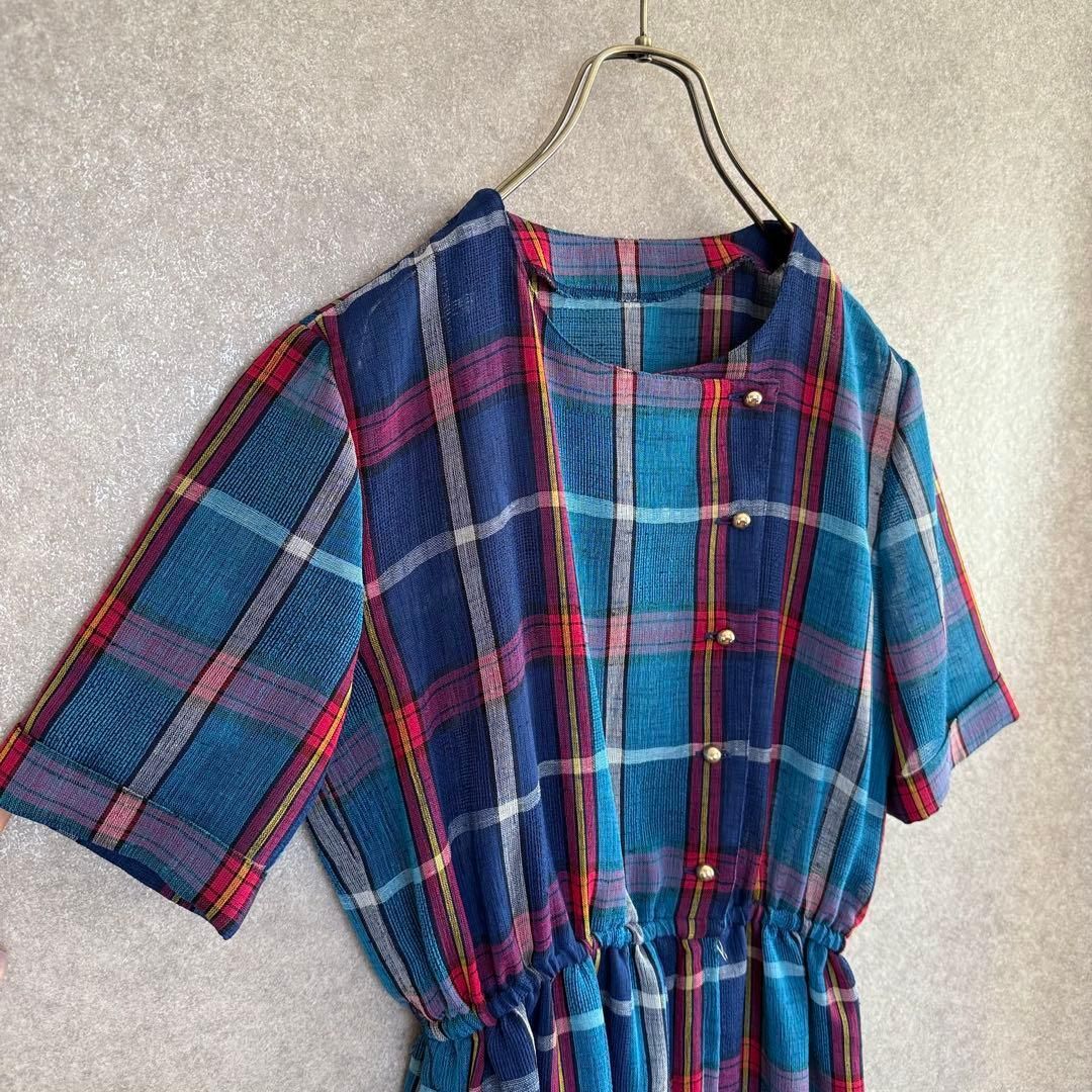 全品全国送料無料！ ヴィンテージ レトロ古着 マドラスチェック柄ワンピース 半袖 青系