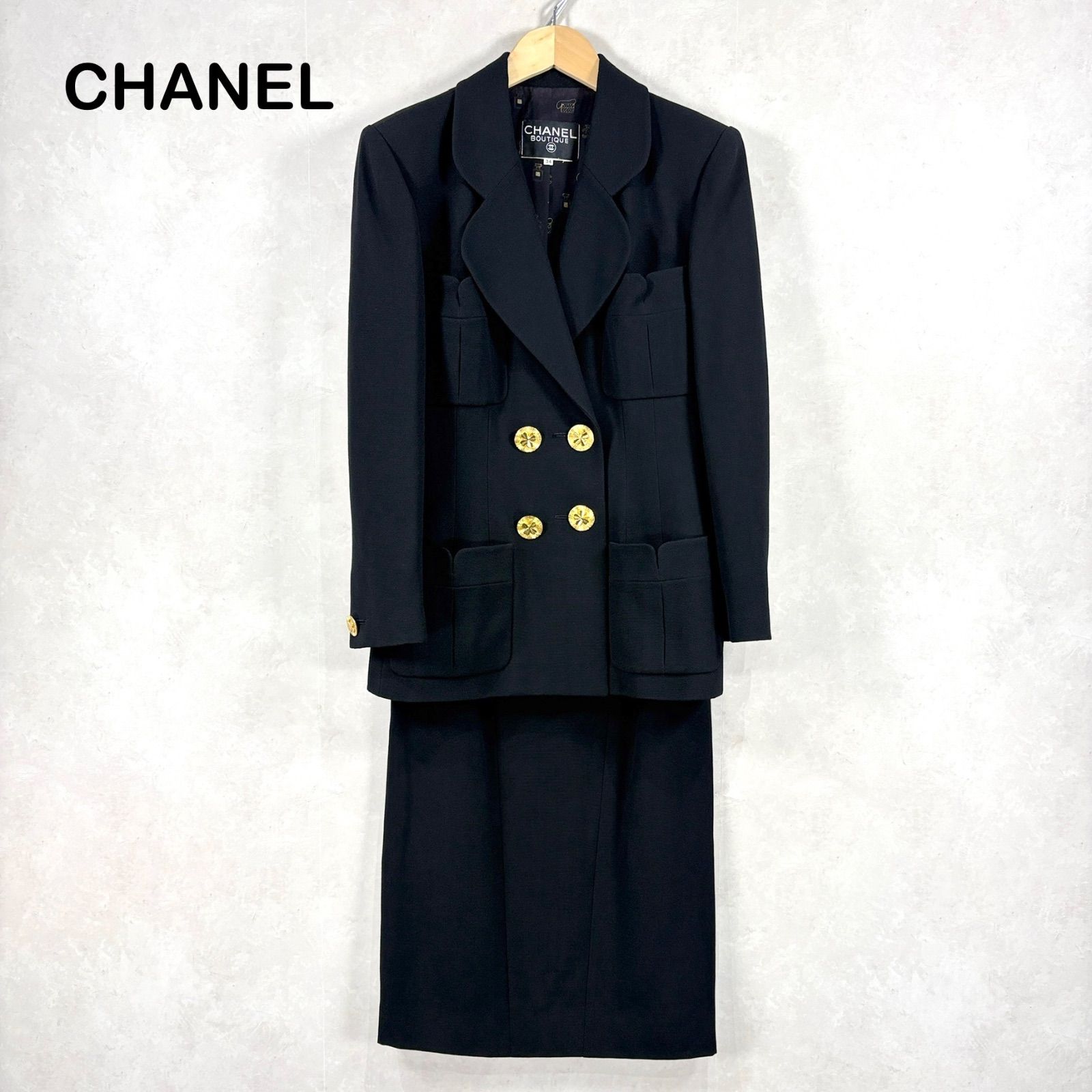 90s CHANEL ヴィンテージ シャネル 香水 ロゴ 裏地 クローバー 金ボタン スカート スーツ セットアップ ダブルジャケット ブラック