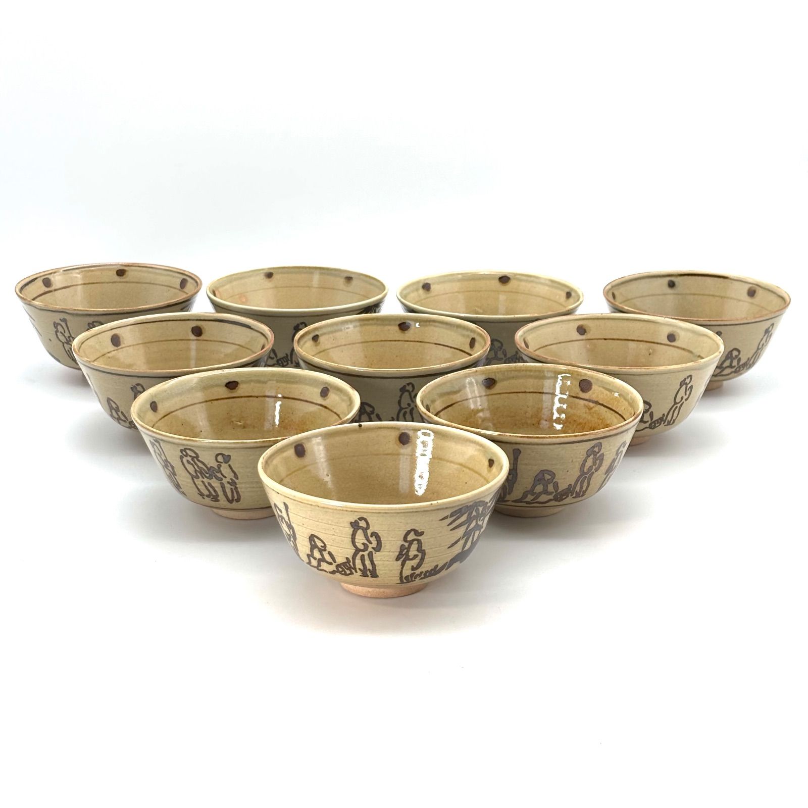 保庭楽入 造】 信楽焼 壷中窯 七賢人図 茶盌 〈数茶盌〉共箱入 10客揃