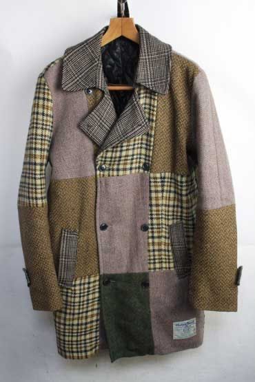 スコットランド製 ハリスツイード HARRIS TWEED パッチワークニット Pコート XL 古着 メンズ 男性 レディース ヴィンテージ ビンテージ アメカジ made in Scotland イギリス