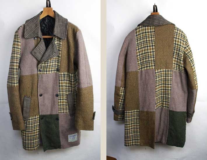 スコットランド製 ハリスツイード HARRIS TWEED パッチワークニット Pコート XL 古着 メンズ 男性 レディース ヴィンテージ ビンテージ アメカジ made in Scotland イギリス