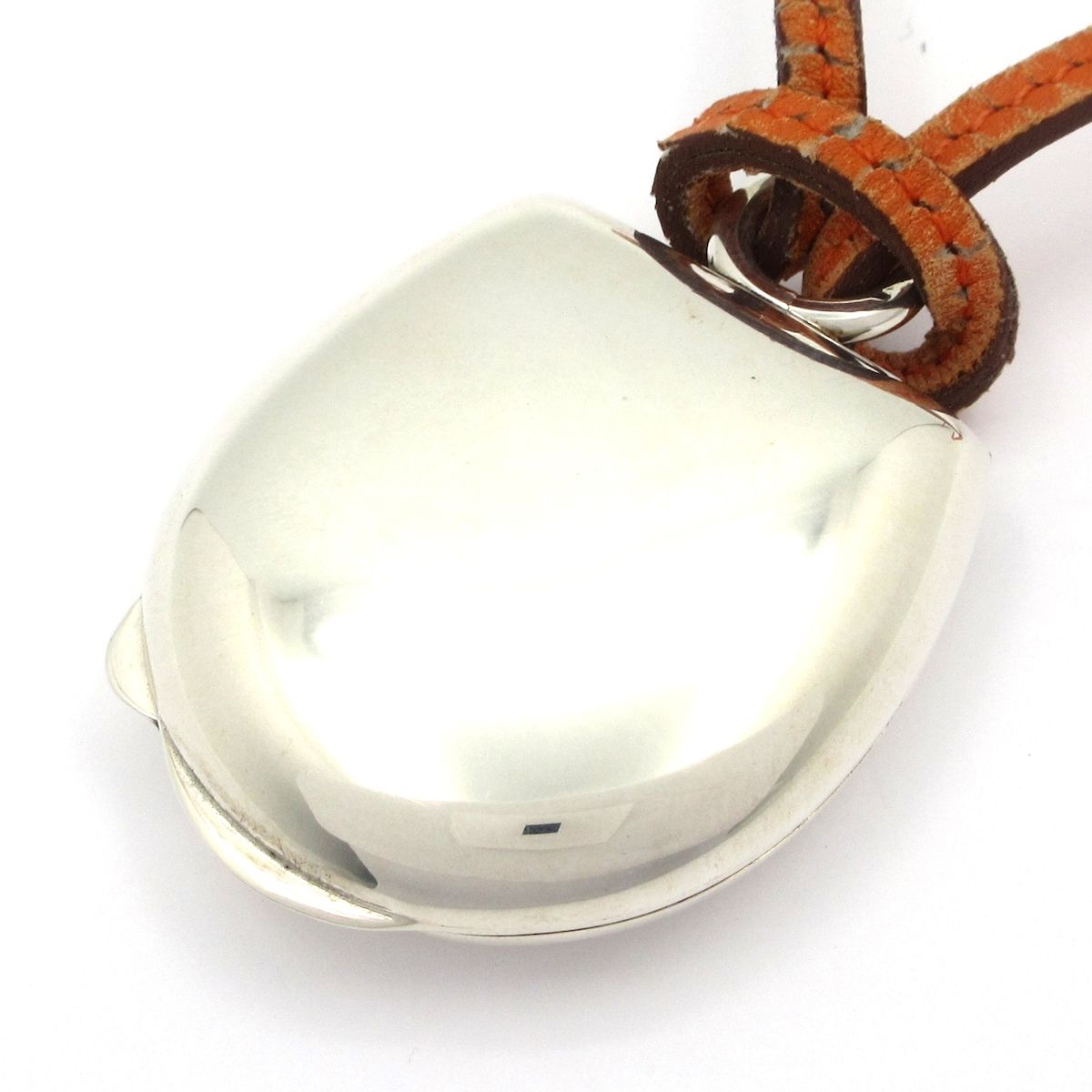 HERMES エルメス ネックレス - レザー シルバー×オレンジ ロケットペンダント