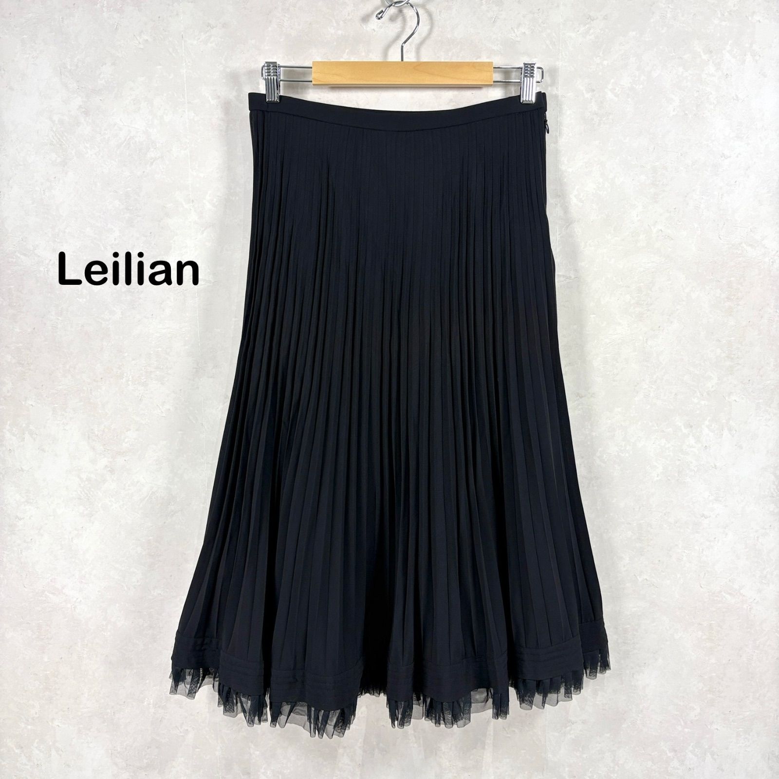 Leilian レリアン ウール プリーツ フリル ロング フ スカート ブラック レディース 大きいサイズ