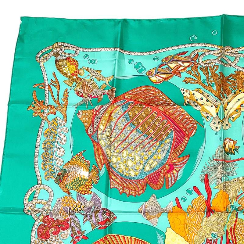 HERMES エルメス カレ90 Grands Fonds 深海 グリーン シルクスカーフ OJ 11