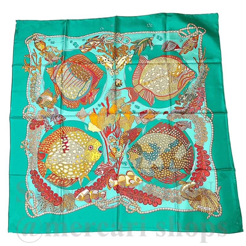 HERMES エルメス カレ90 Grands Fonds 深海 グリーン シルクスカーフ OJ11