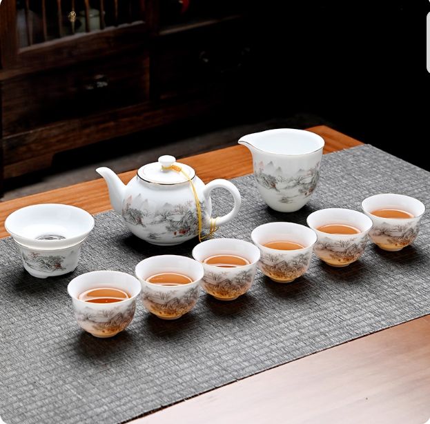 10点セットの白玉磁器功夫茶セット 家庭用 オフィス用 急須 蓋碗 湯呑み 陶磁器