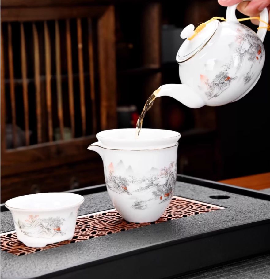 10点セットの白玉磁器功夫茶セット 家庭用 オフィス用 急須 蓋碗 湯呑み 陶磁器