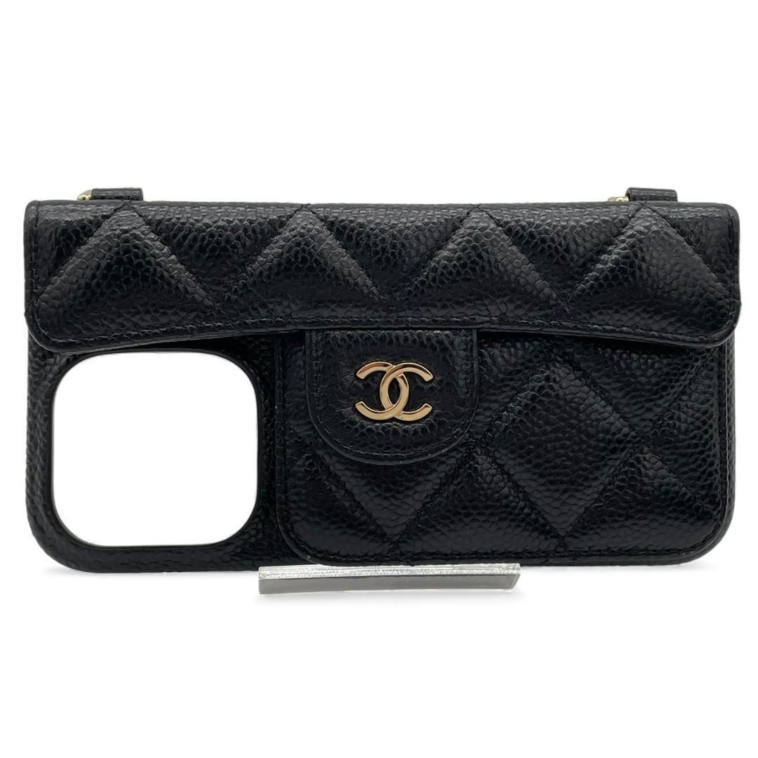 シャネル CHANEL スマホケース iPhone15Pro 斜め掛けストラップ キャビアスキン マトラッセ ランダムシリアル