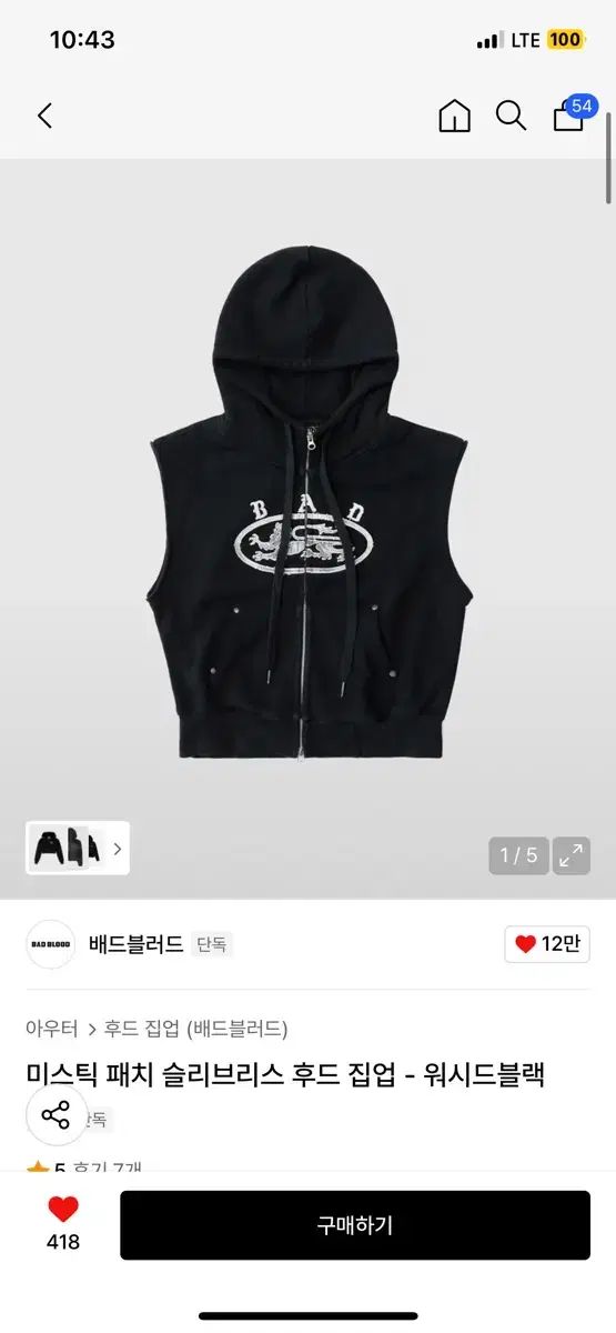 バッドブラッド ミスティック パッチ スリーブレス フード ジップアップ ウォッシュド ブラック S