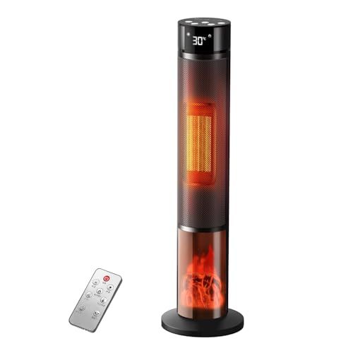 セラミックヒーター ヒーター 速暖 2025新開発-ECO恒温省エネ-マイナスイオン 電気ファンヒーター タワー型 3D疑似炎 LCDディスプレイ 左右自動首振り 空気清浄 冷暖兼用10W 800W 1200W 三段階切替 静音 6ba49b05