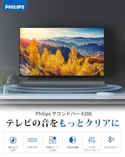 Philips フィリップス サウンドバー テレビ用 Bluetooth5.3搭載 スピーカー Soundbar スマホ ワイヤレス対応 音楽 ゲーム 映画 ニュース 光デジタル AUX接続 HDMI ERC 対応 TAB4288 ブラック