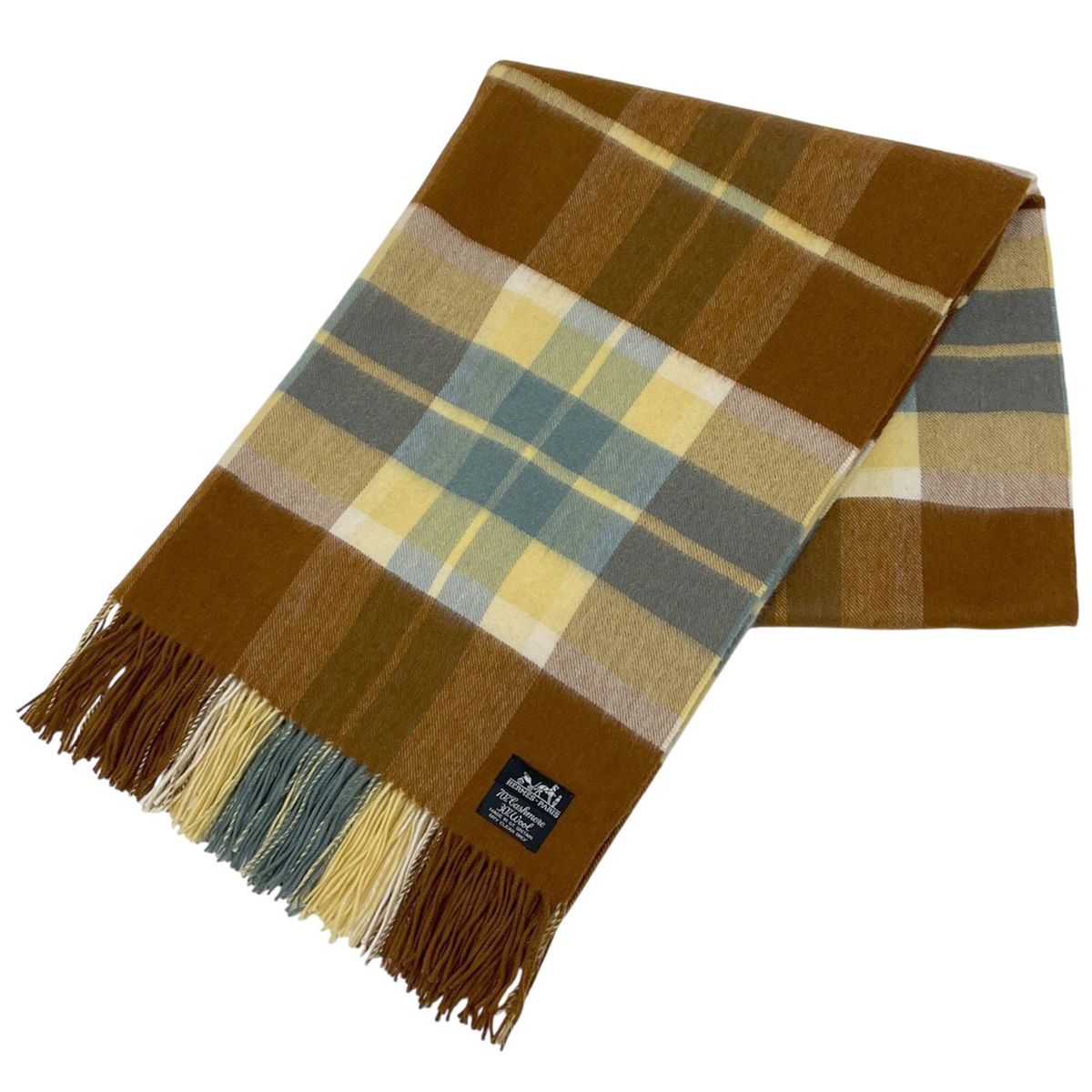 エルメス HERMES チェック柄 ショール フリンジ 大判 ショール カシミヤ ウール ブラウン イエロー レディース