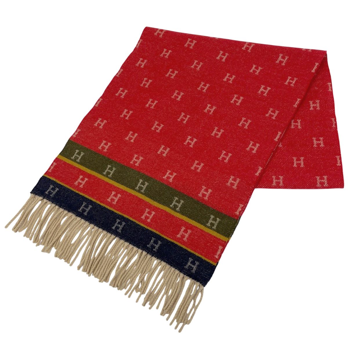 エルメス HERMES Hロゴ ショール フリンジ マフラー カシミヤ ラムズウール レッド レディース