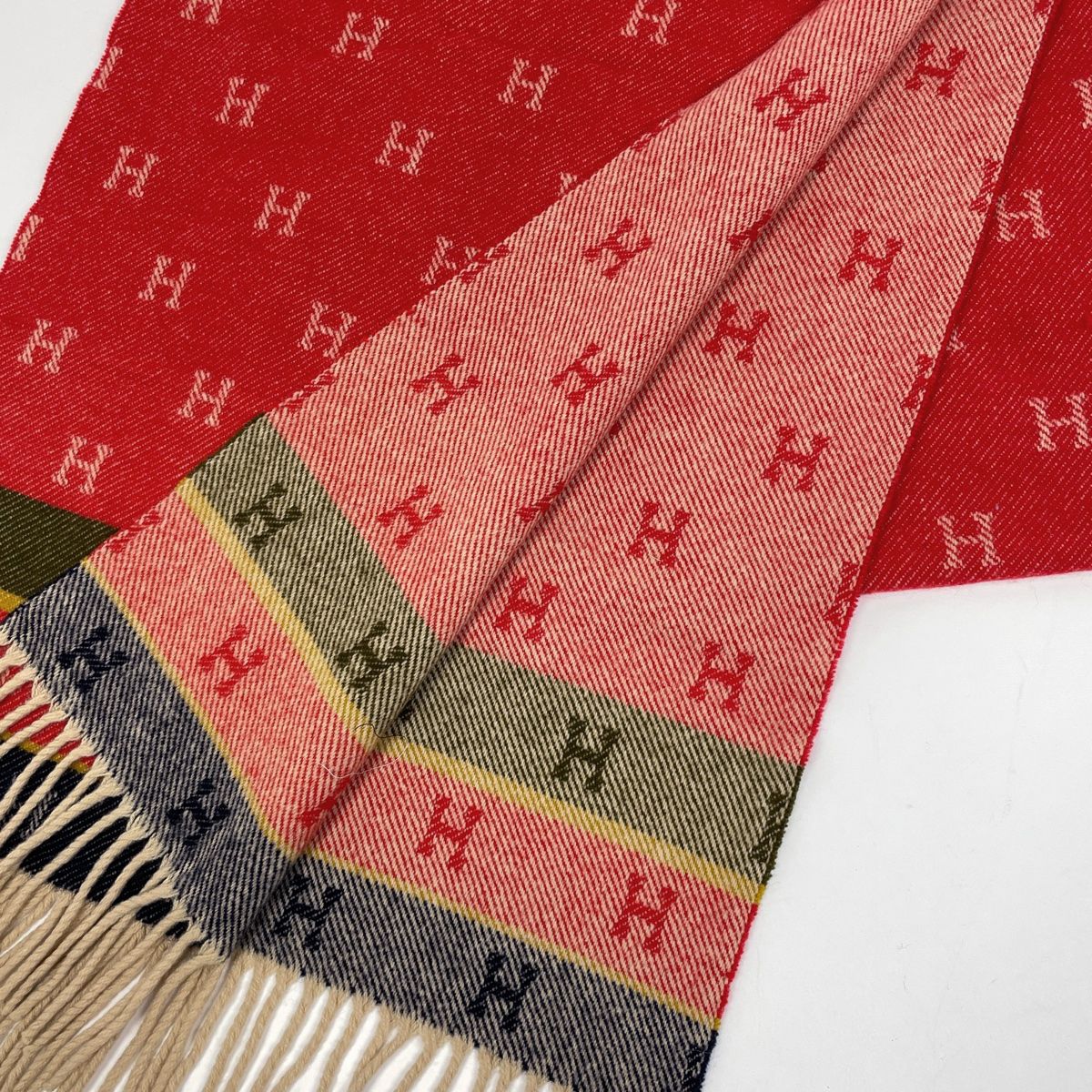 エルメス HERMES Hロゴ ショール フリンジ マフラー カシミヤ ラムズウール レッド レディース