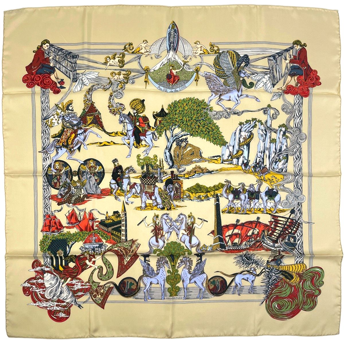 エルメス HERMES カレ 90 Au FIL de la SOIE 絹糸の赴くままに スカーフ シルク ベージュ レディース