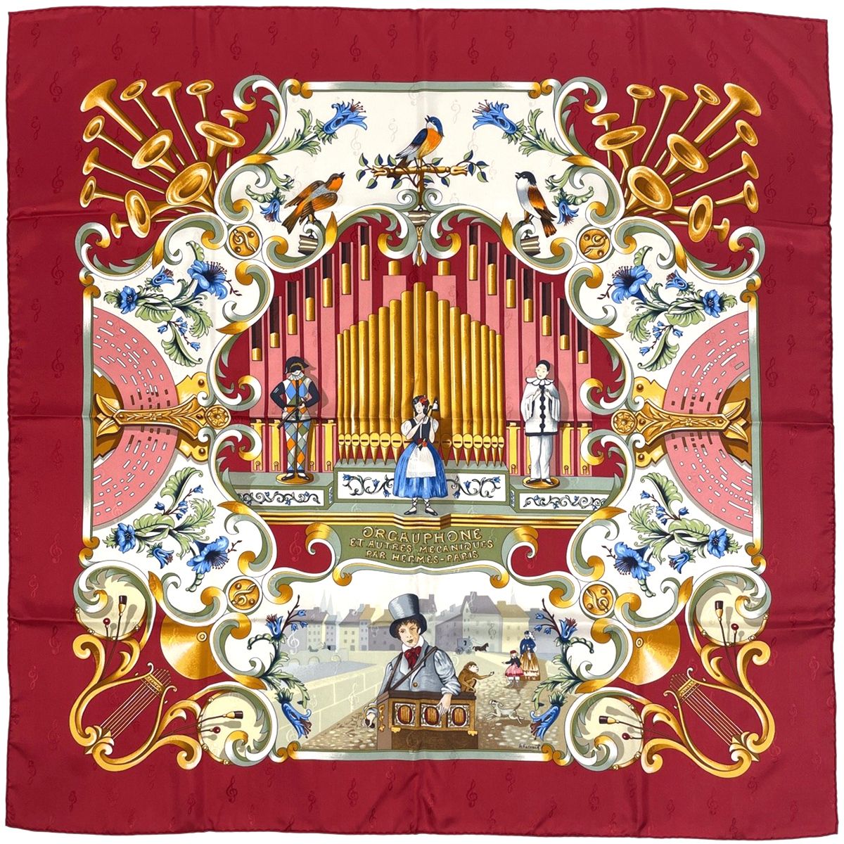 エルメス HERMES カレ 90 Orgauphone et autres mcaniques パイプオルガンと機械仕掛けの楽器 スカーフ シルク レッド レディース