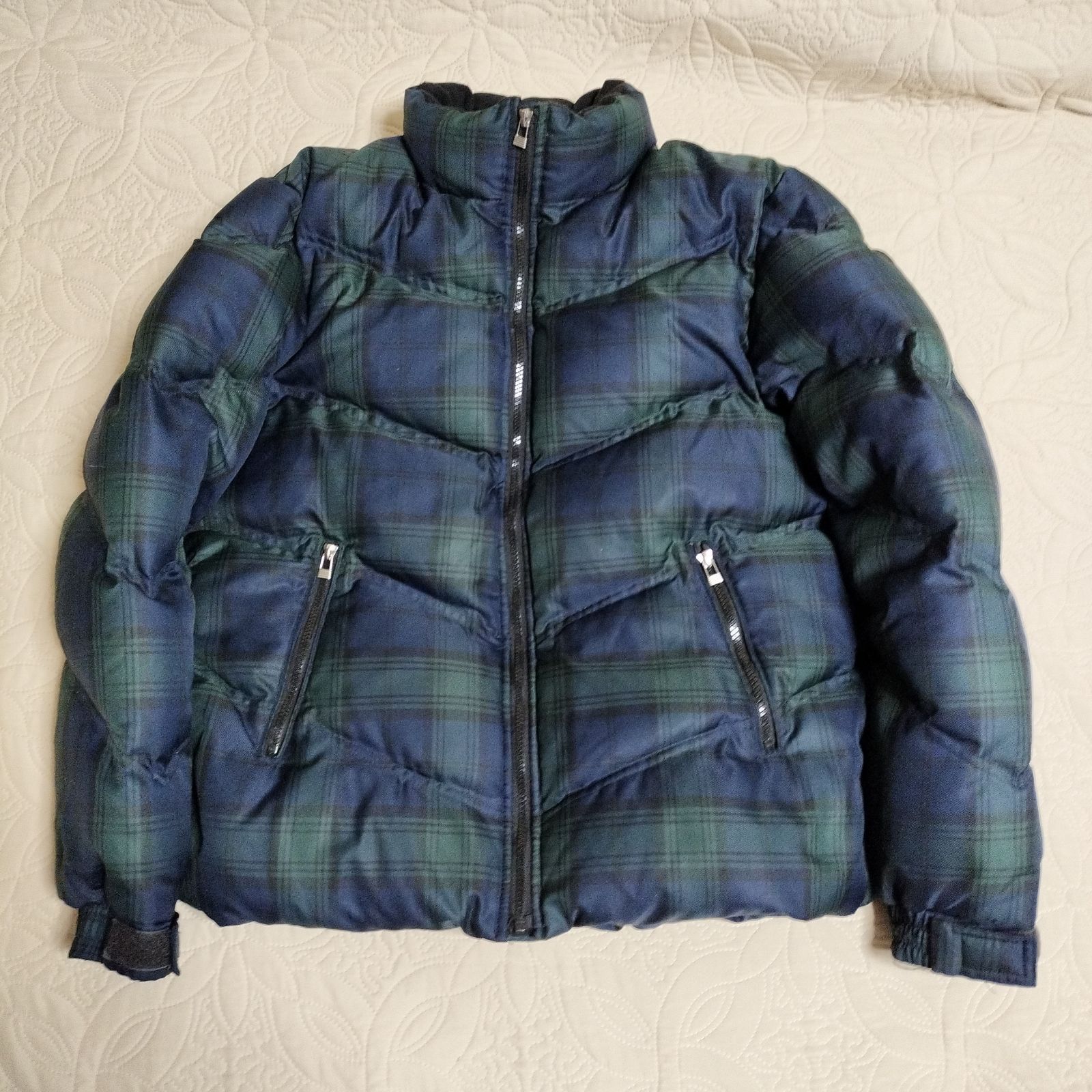 美品 EXTRA FINE FEATHER セレクトダウン グリーン × ネイビー 