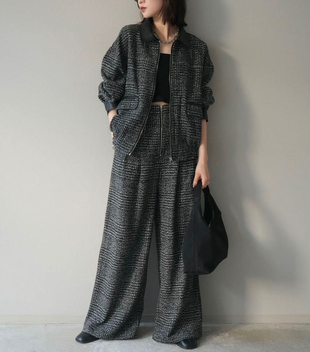 レザー襟ミックスツイードジャケット フロントジップミックスツイードワイドパンツ ブラック パンツSサイズ Lumier リュミエ セットアップ コーデ レディース