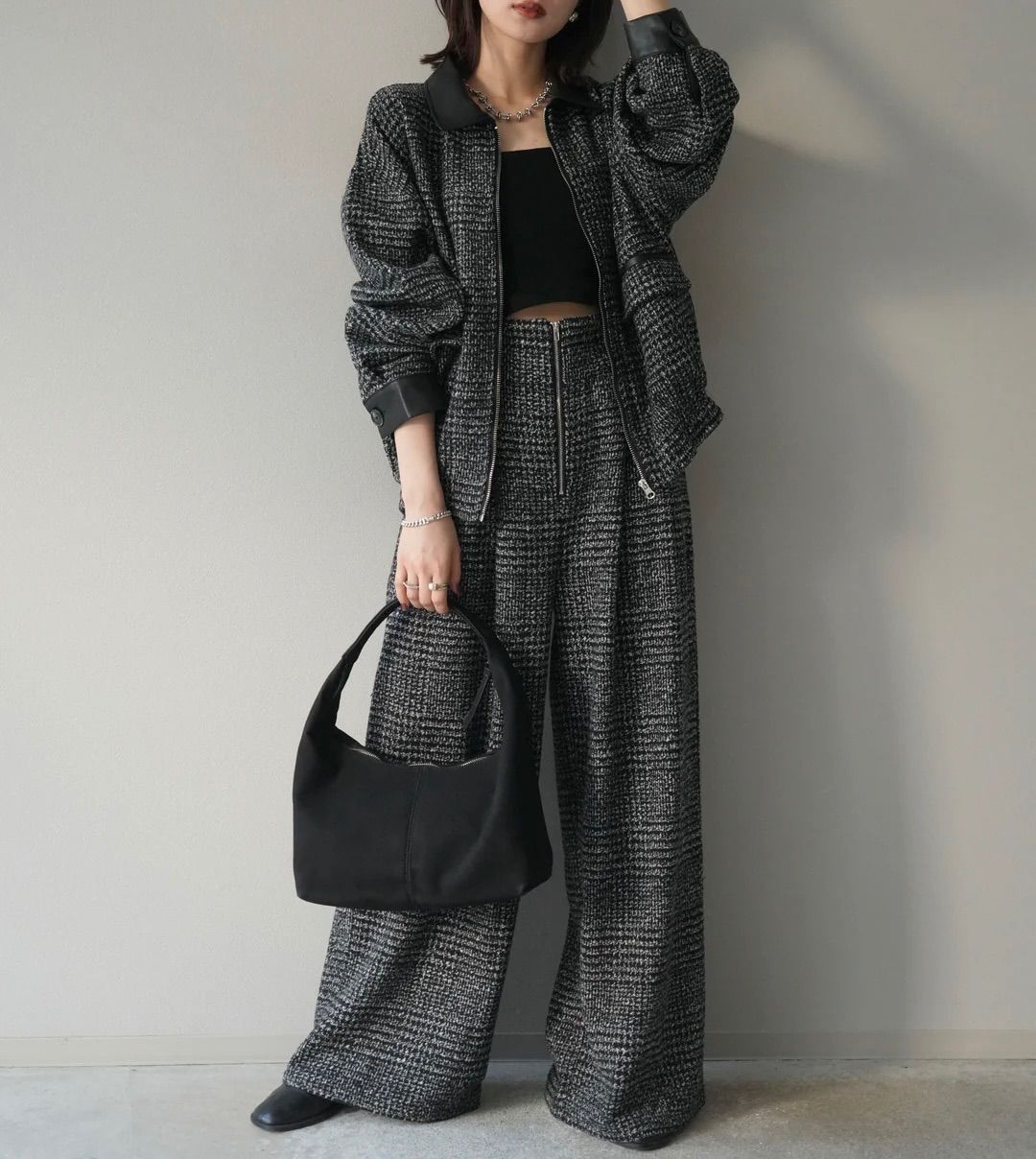レザー襟ミックスツイードジャケット フロントジップミックスツイードワイドパンツ ブラック パンツSサイズ Lumier リュミエ セットアップ コーデ レディース