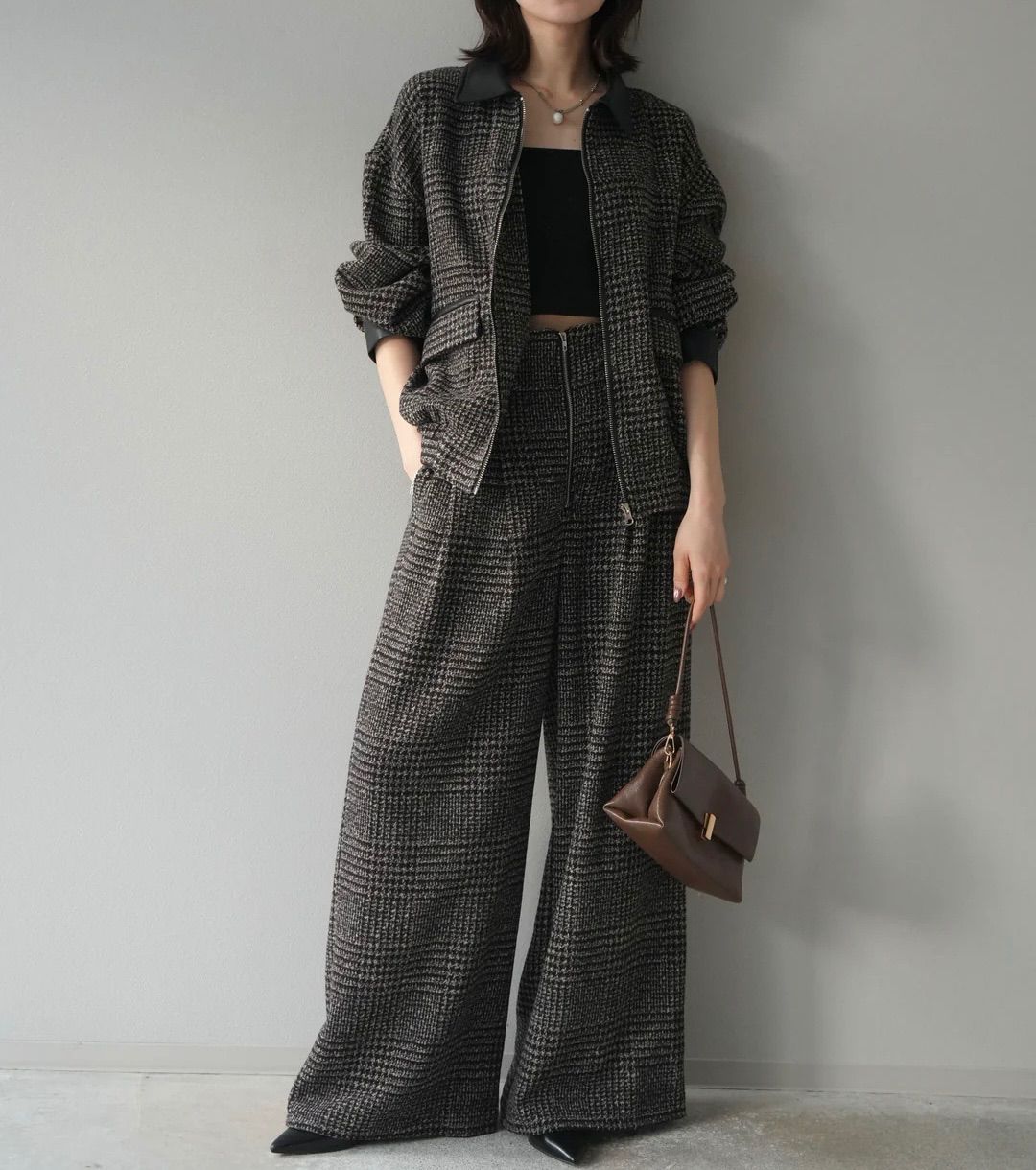 レザー襟ミックスツイードジャケット フロントジップミックスツイードワイドパンツ ブラウン パンツSサイズ Lumier リュミエ セットアップ コーデ レディース