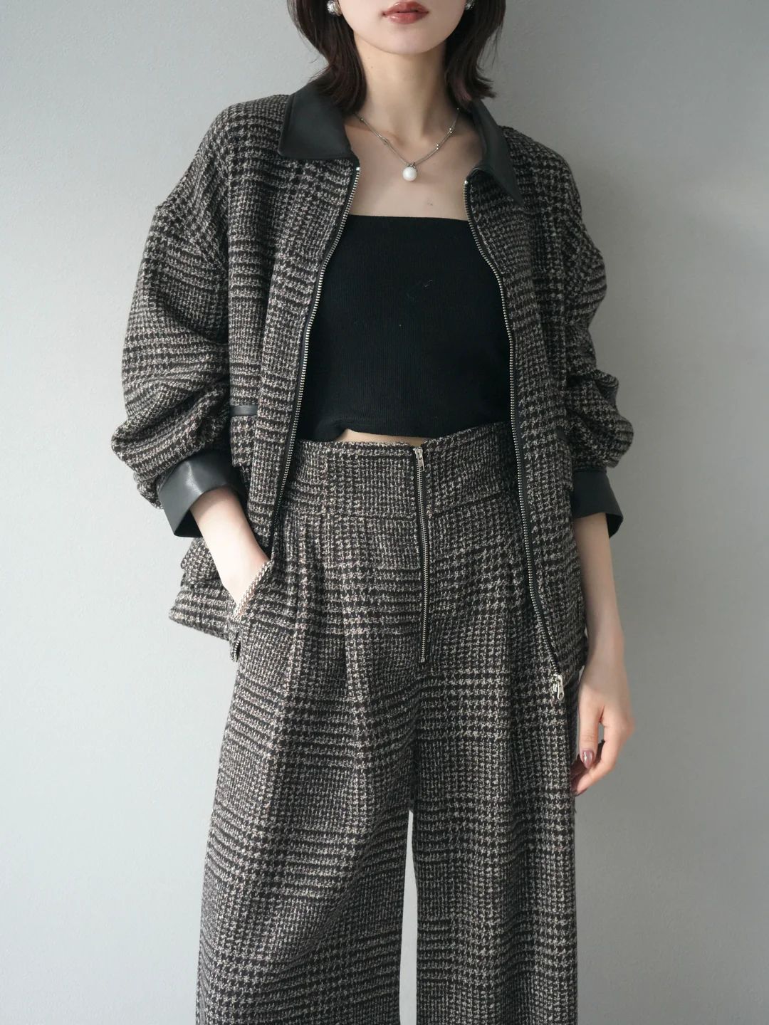 レザー襟ミックスツイードジャケット フロントジップミックスツイードワイドパンツ ブラウン パンツSサイズ Lumier リュミエ セットアップ コーデ レディース