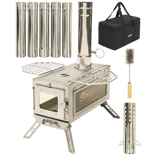 VASTLAND 薪ストーブ キャンプ ストーブ 小型 ステンレス 3面耐熱ガラス窓 煙突長さ215cm