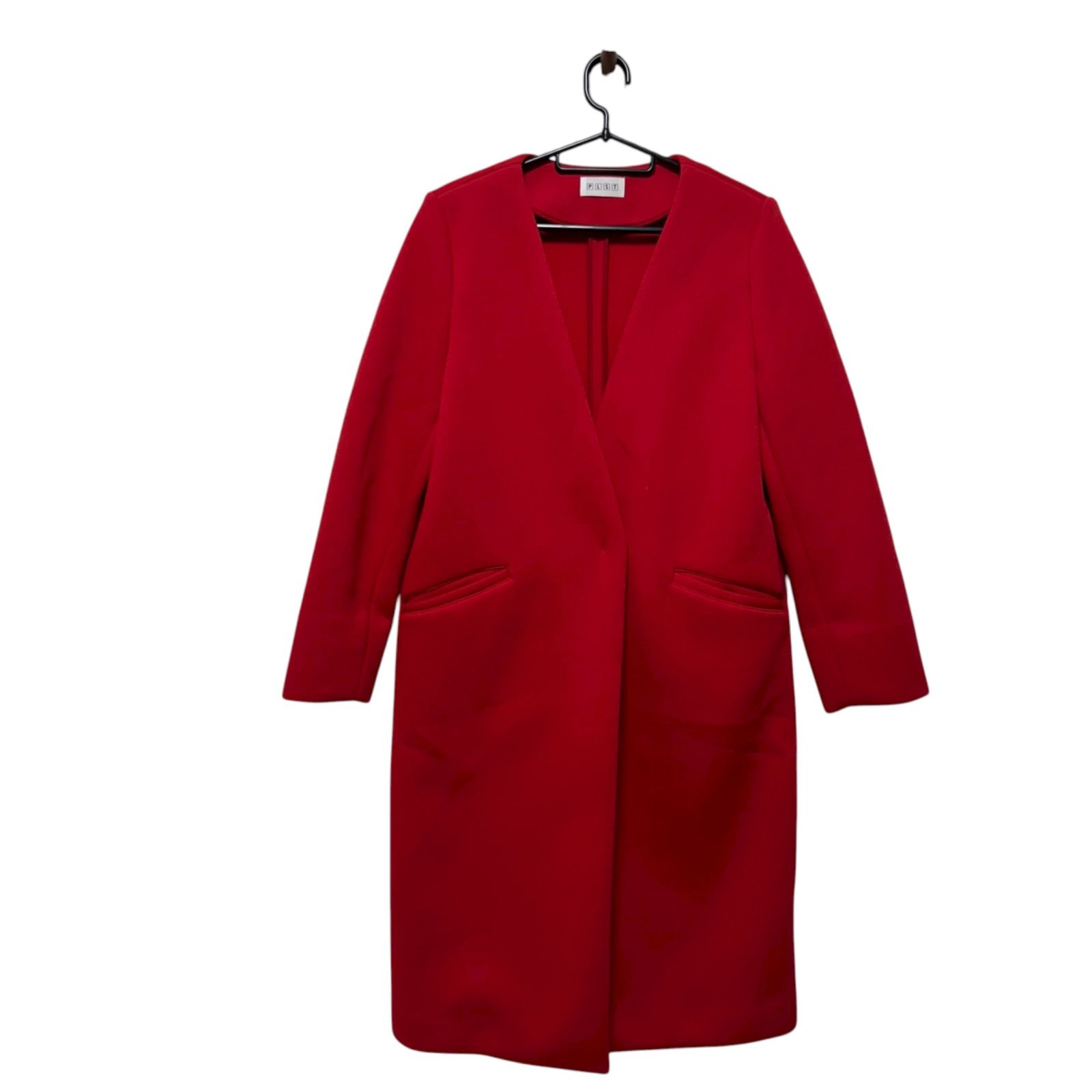PLST プラステ スポンジリバーカラー レスコート ロングコートレッド S
