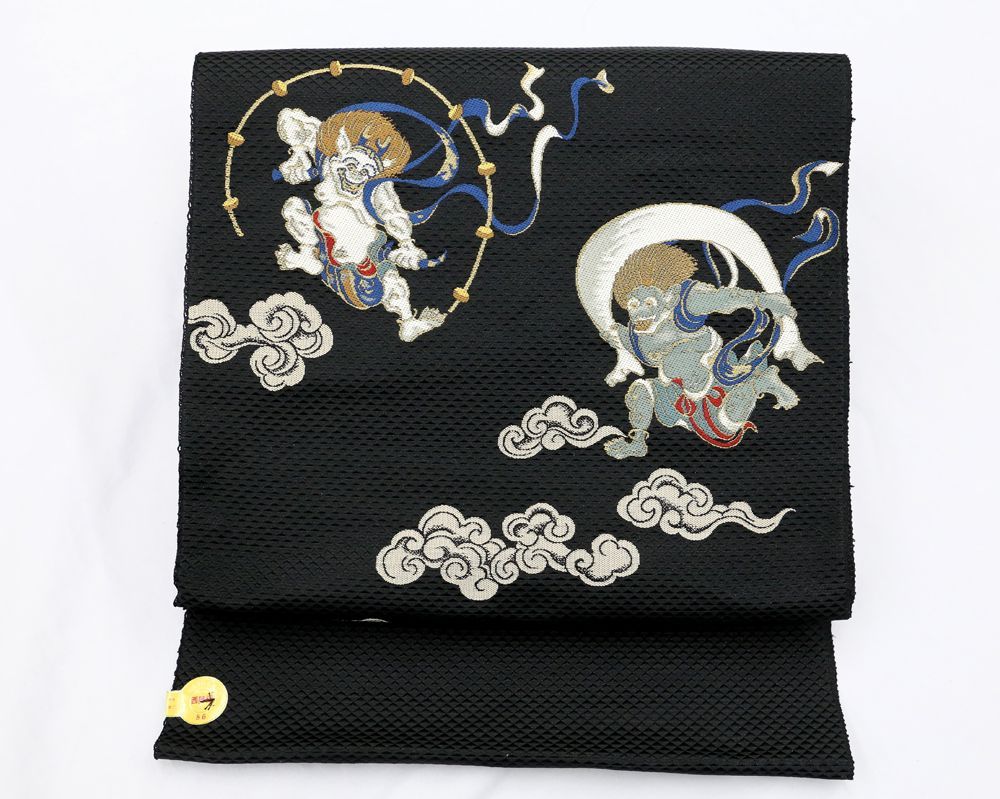 未仕立 西陣織 九寸 名古屋帯 風神雷神 黒地 仕立代込み