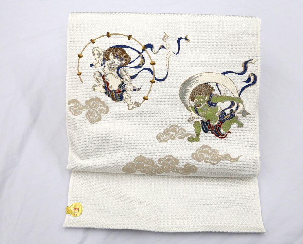 未仕立 西陣織 九寸 名古屋帯 風神雷神 白地 仕立代込み