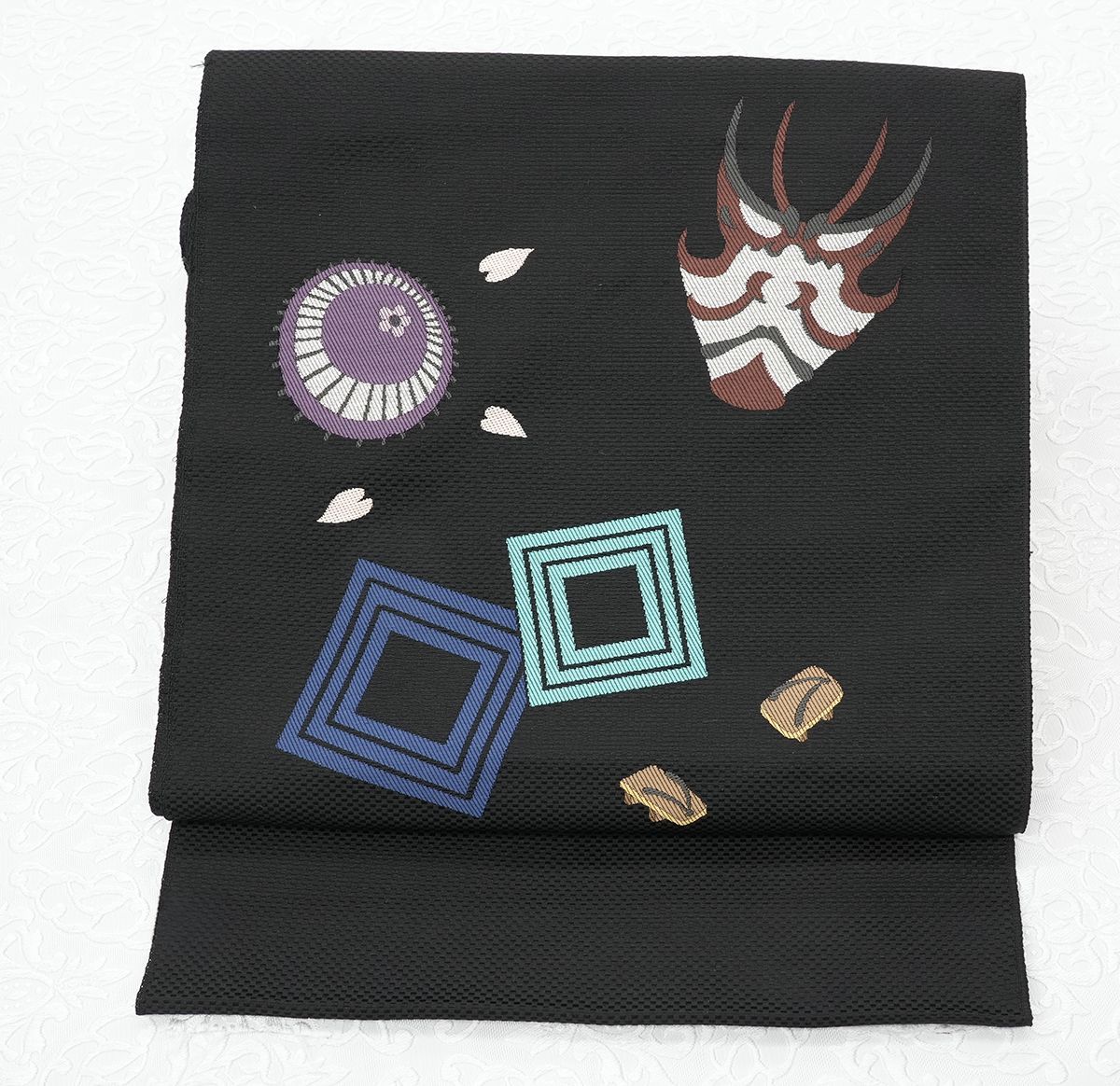 未仕立 西陣織 九寸 名古屋帯 歌舞伎 隈取柄 黒地 仕立代込み