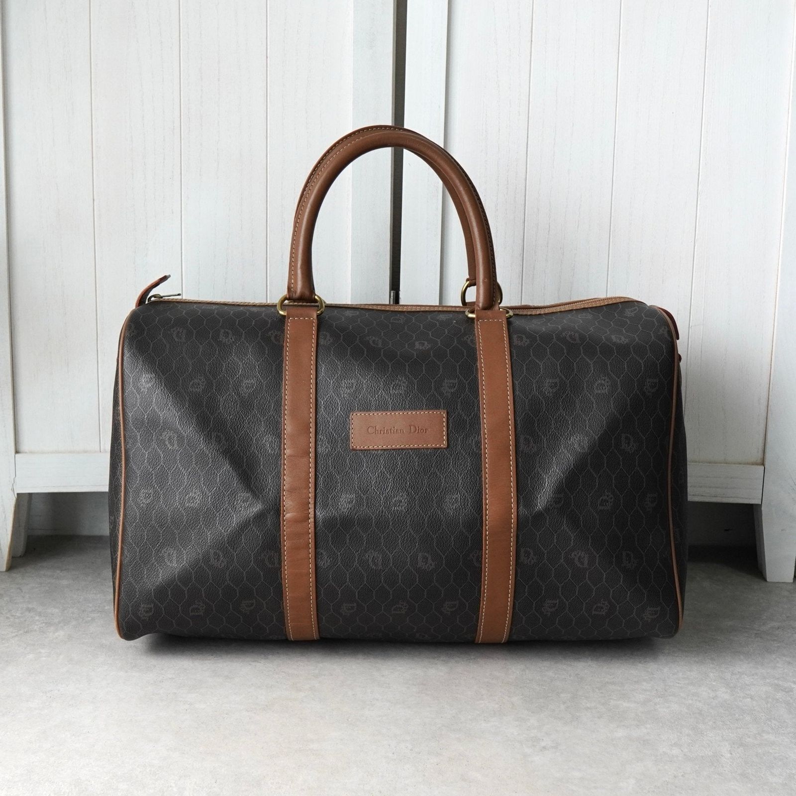 クリスチャン ディオール ヴィンテージ ハニカム柄 PVC ボストンバッグ ハンドバッグ ブラウン系