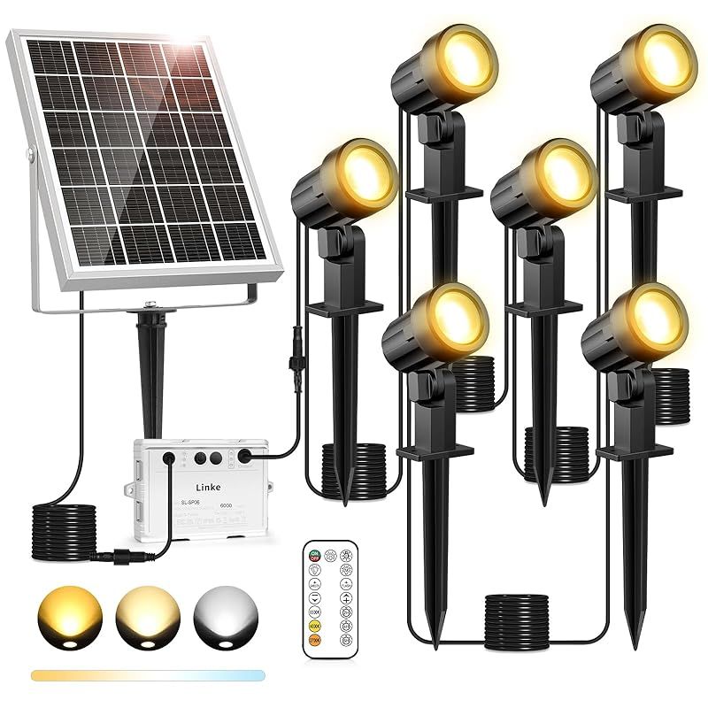 Linke スポットライト ソーラー式 アップライト ガーデンライト ライトアップ 6灯 1200 LM 20時間連続点灯 屋外 IP 66防水 リモコン操作 調色 調光 6000 mAhリチウム電池 耐久性良い 明暗センサー 自動点灯 消灯 庭園 花壇 芝生 1