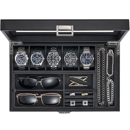 ProCase 腕時計ケース 2段式 ケース 5本 PU製 ウオッチボックス 内部調節可 ウオッチボックス 男女兼用 収納ボックス 収納 ディスプレイ 小物整理 誕生日 記念日プレゼント ブラック ef9b6879