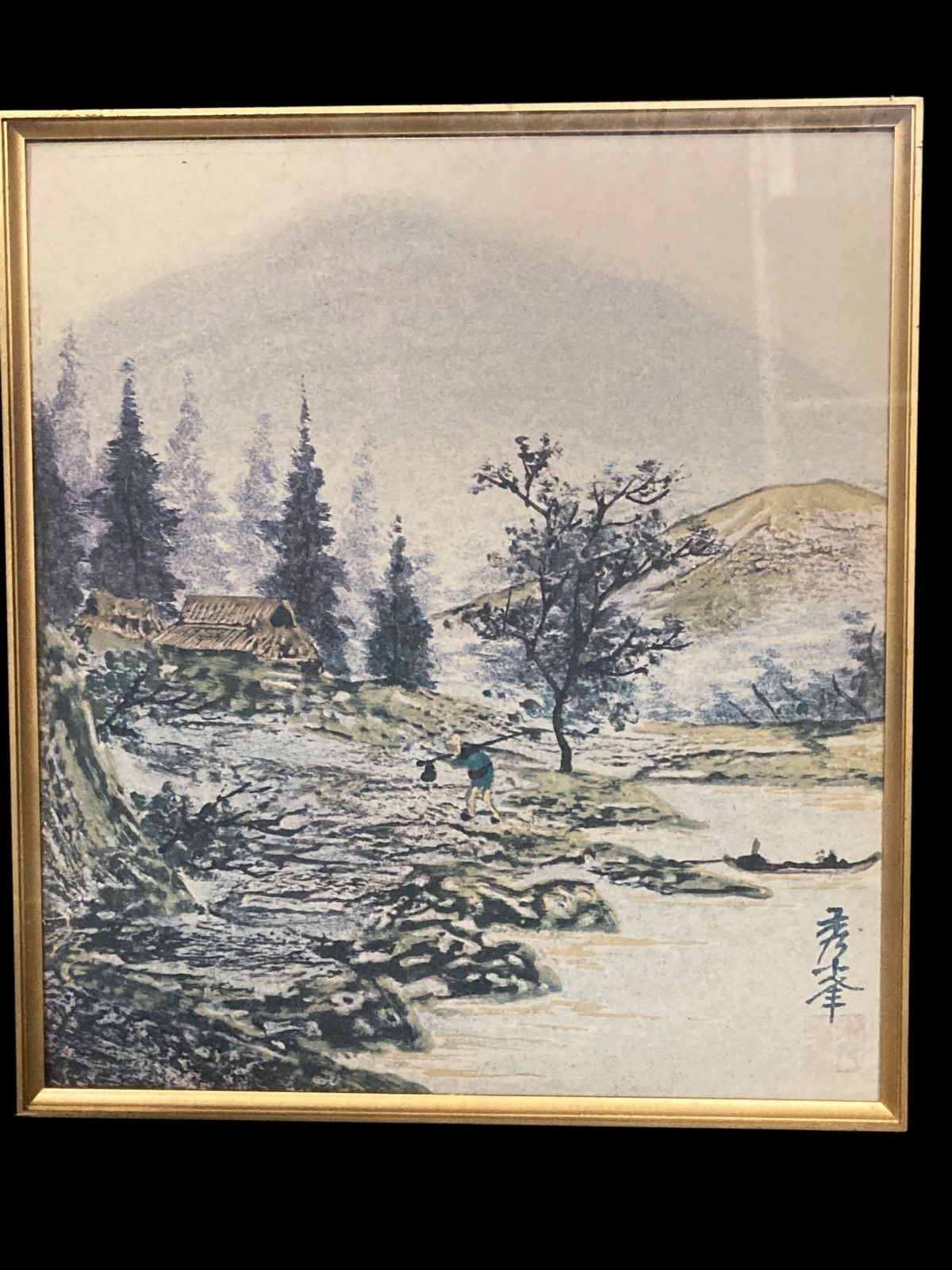 日本 秀峯 肉筆 絹本作品 落款 印 墨 絵 落款らっかん サインあり