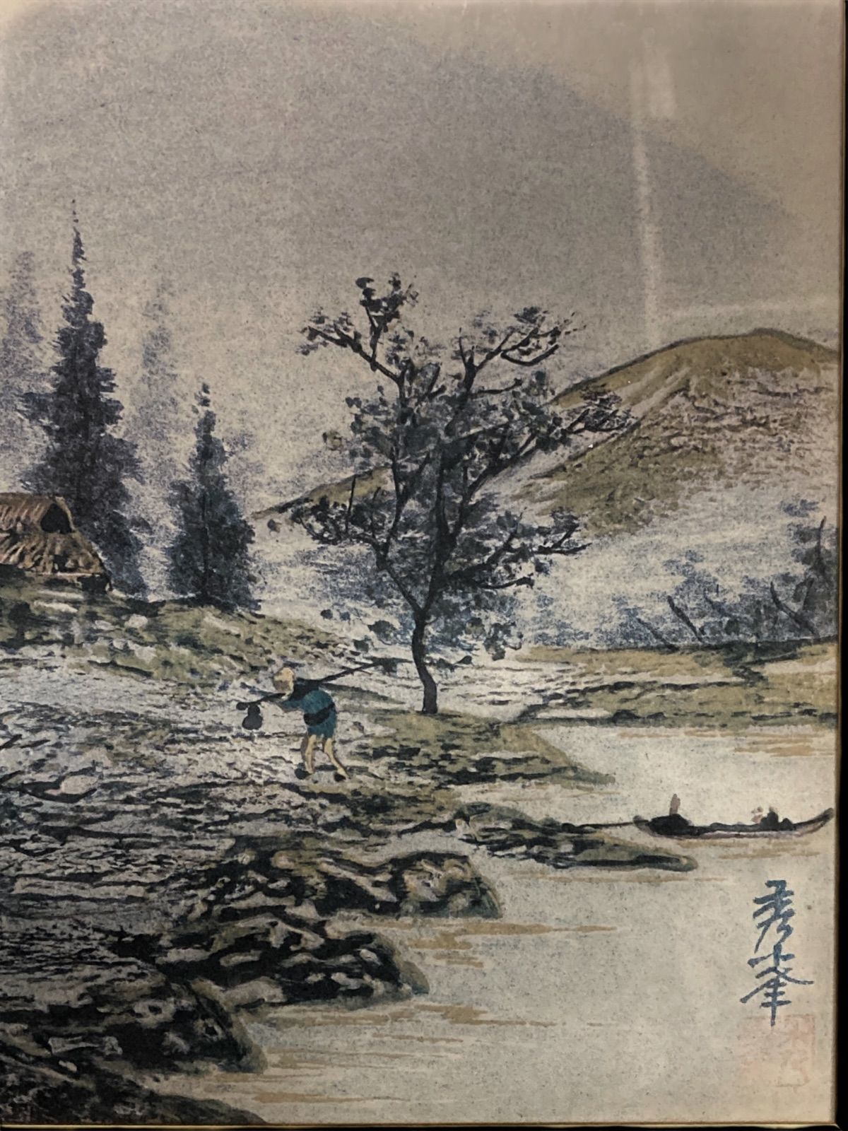 日本 秀峯 肉筆 絹本作品 落款 印 墨 絵 落款らっかん サインあり