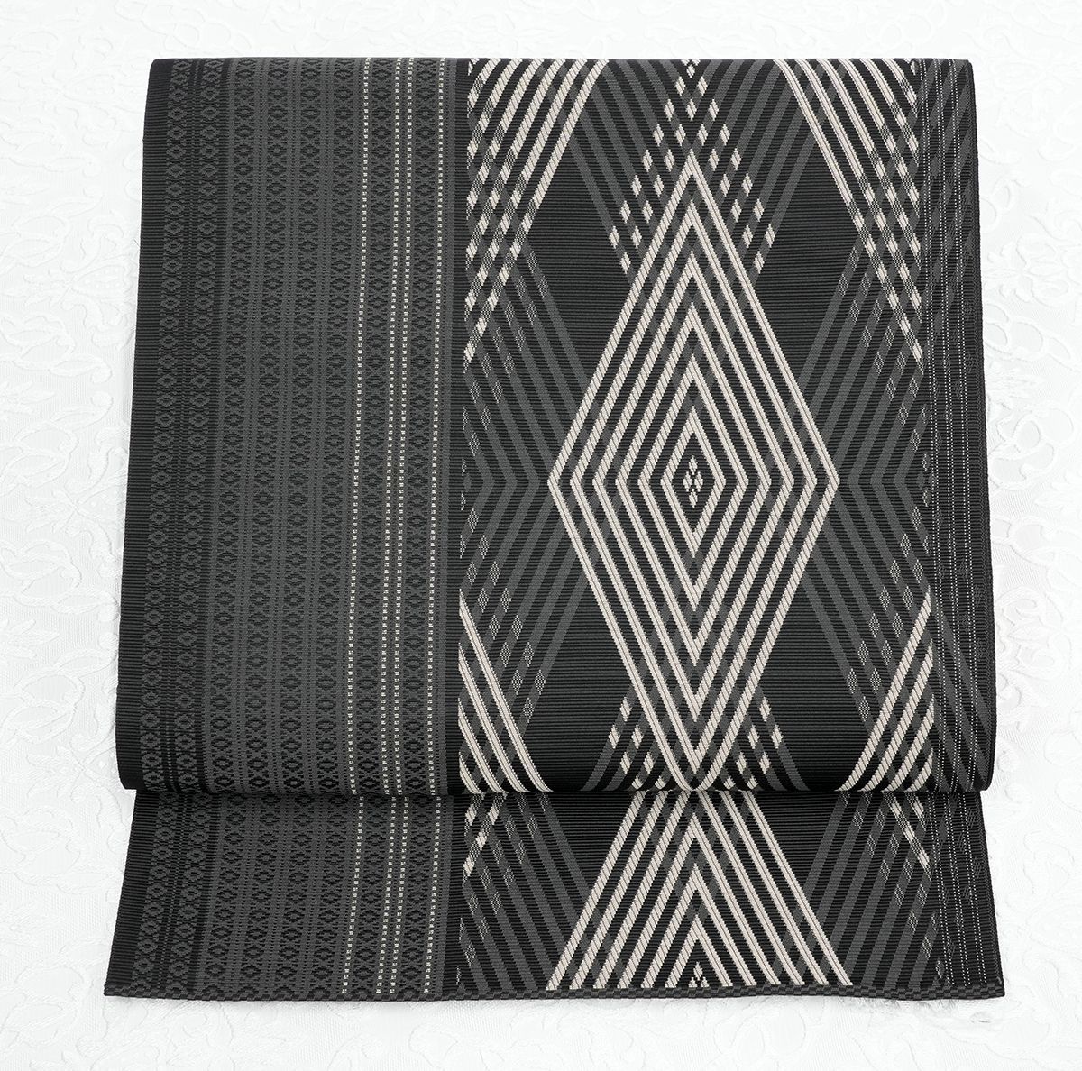 オリジナル 未仕立 博多帯 協和織 八寸名古屋帯 ダイヤ柄 黒地×茶 仕立代込み