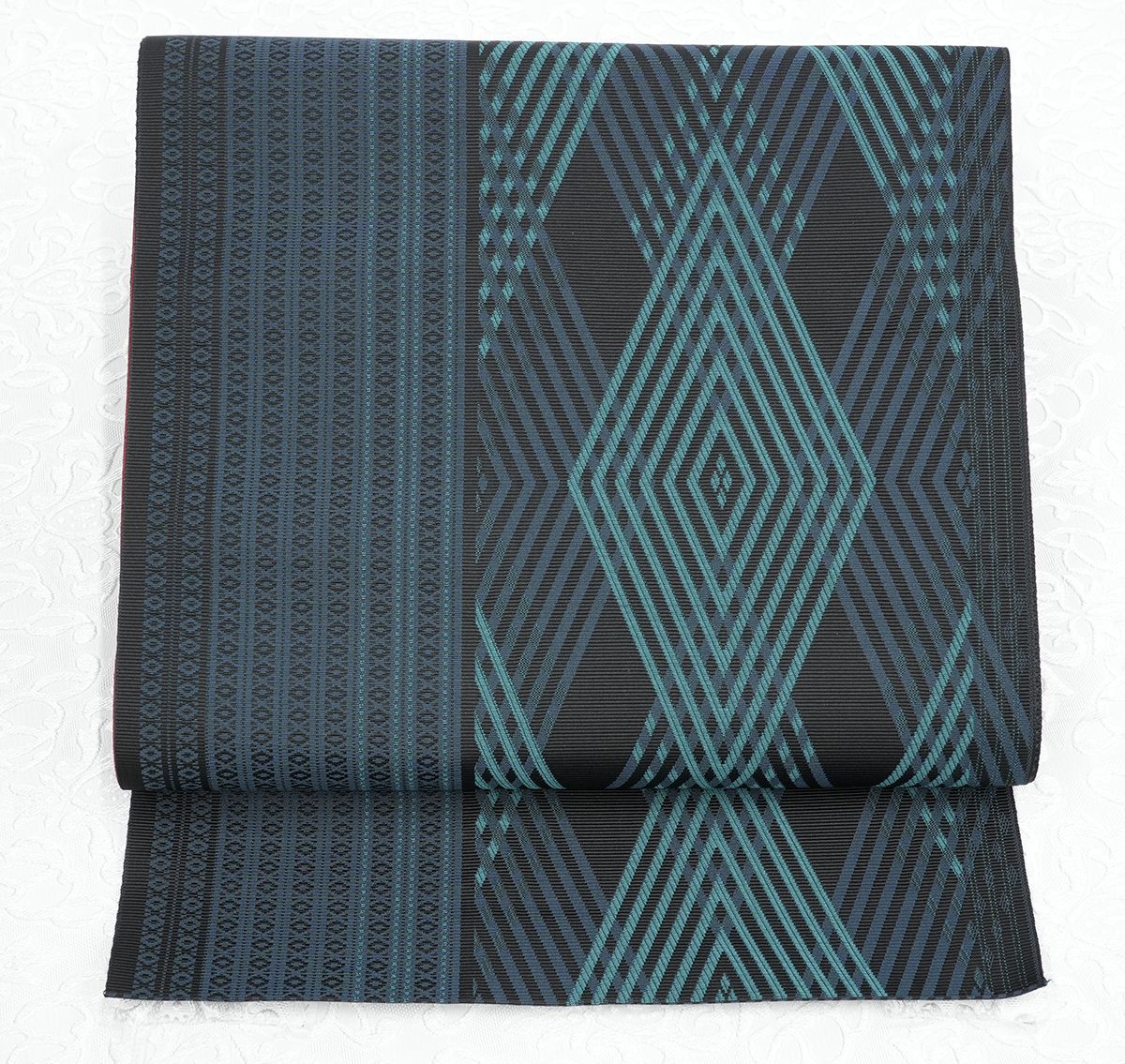 オリジナル 未仕立 博多帯 協和織 八寸名古屋帯 ダイヤ柄 黒地 青緑 仕立代込み