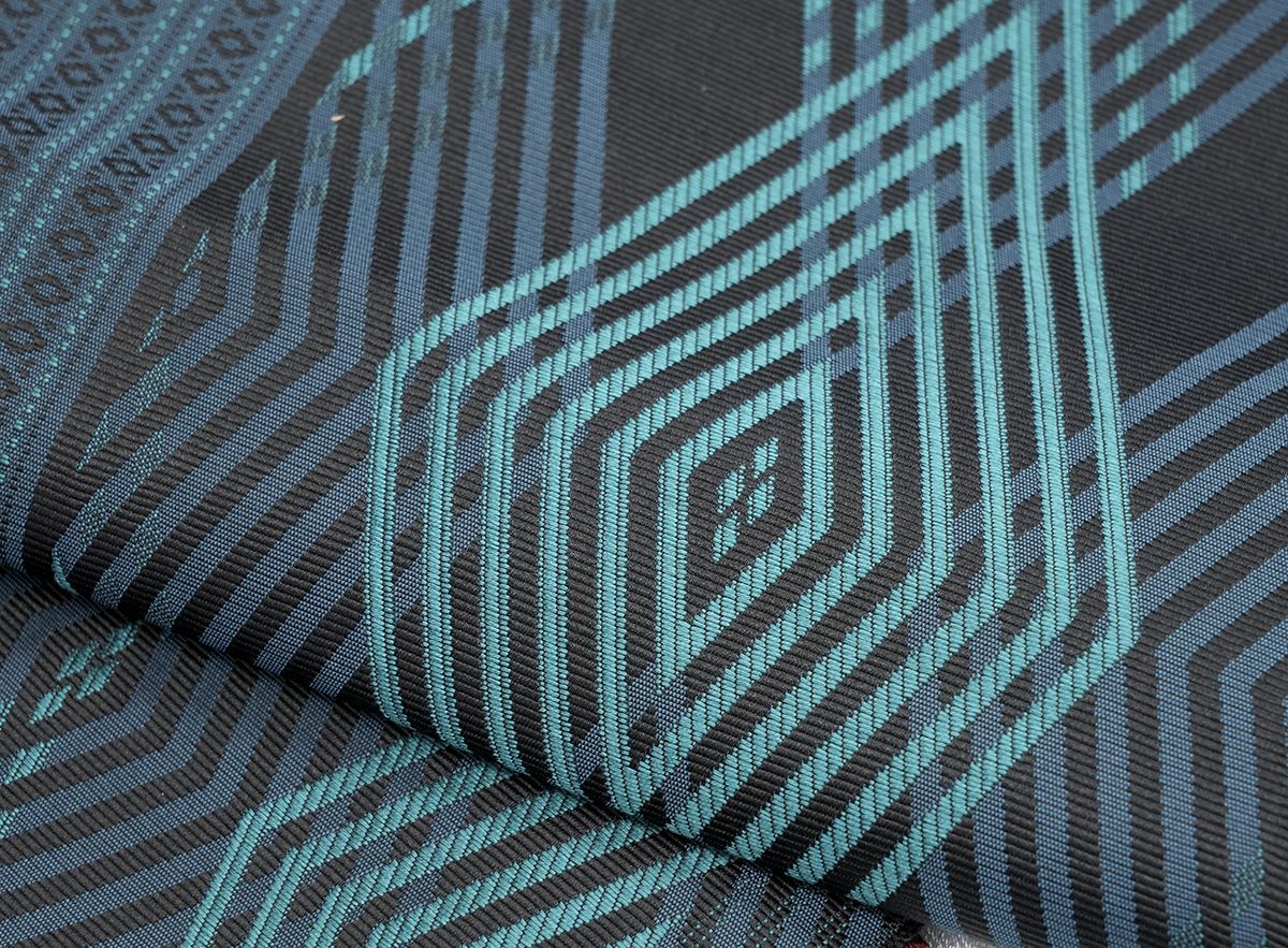  オリジナル 未仕立 博多帯 協和織 八寸名古屋帯 ダイヤ柄 黒地×青緑 仕立代込み 名古屋帯 帯