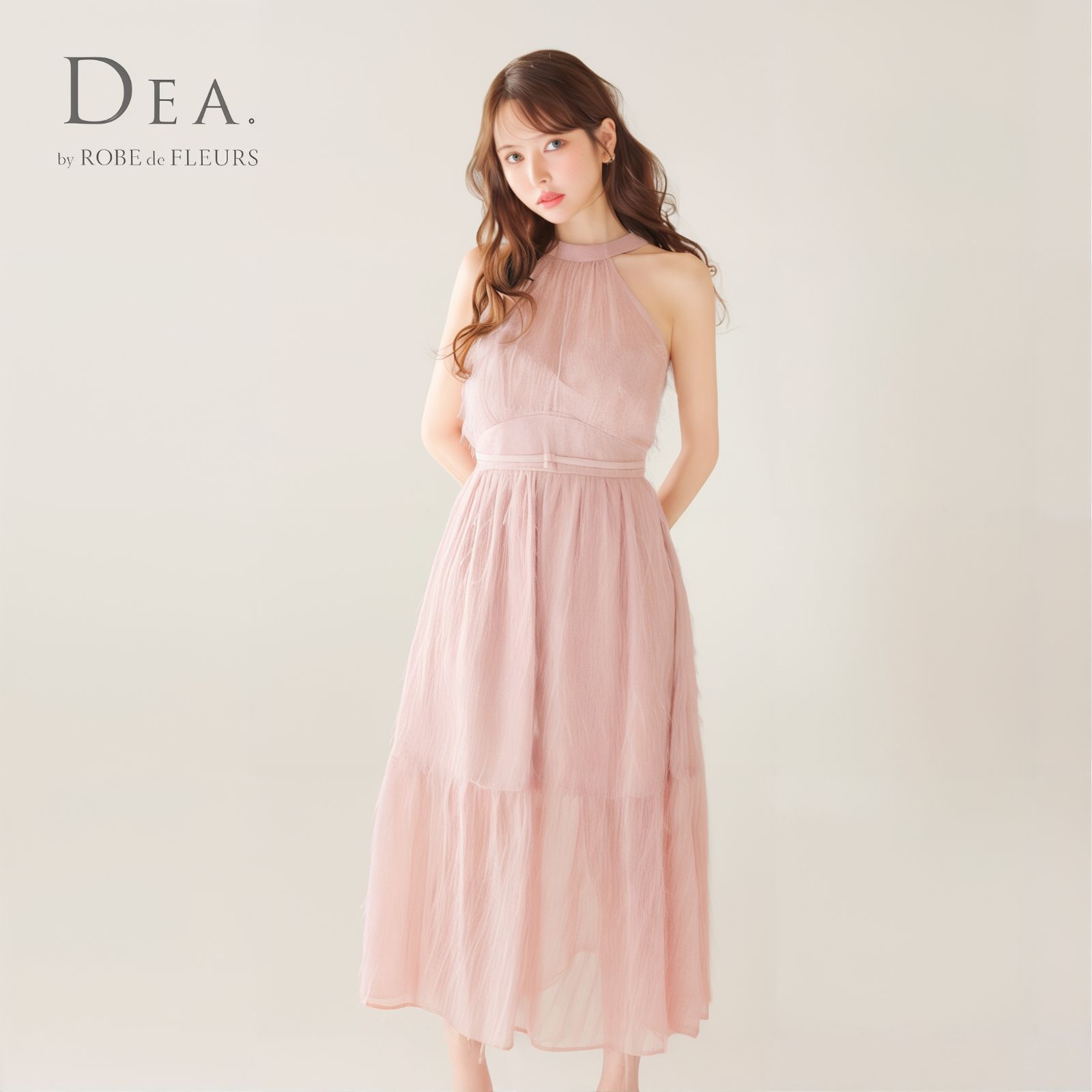 DEA. by ROBE de FLEURS ディアバイローブドフルール ミニドレス DE4318 フリンジジャガードサテンロングキャバドレス Pink
