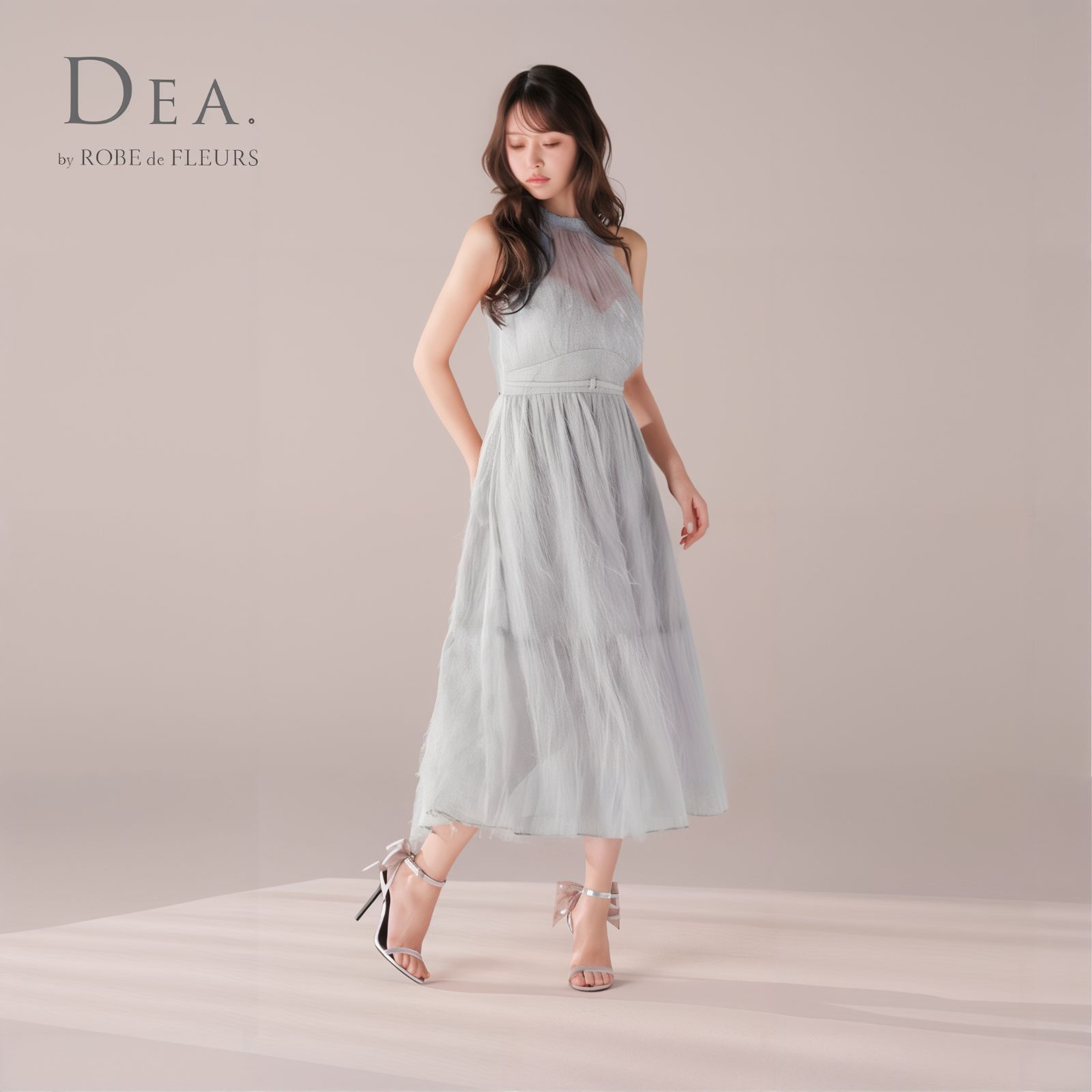 DEA. by ROBE de FLEURS ディアバイローブドフルール ミニドレス DE4318 フリンジジャガードサテンロングキャバドレス Gray