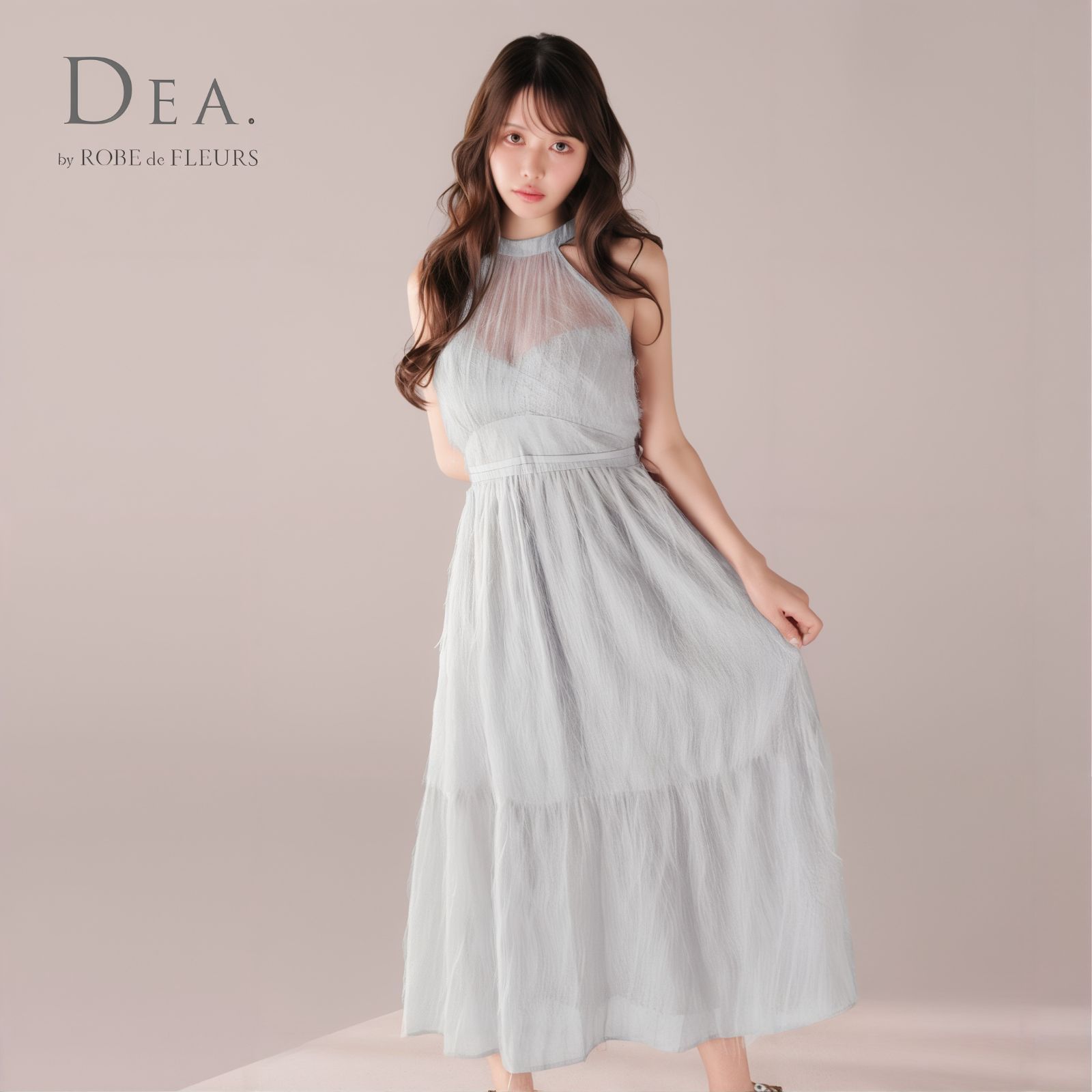DEA. by ROBE de FLEURS ディアバイローブドフルール ミニドレス DE4318 フリンジジャガードサテンロングキャバドレス Gray