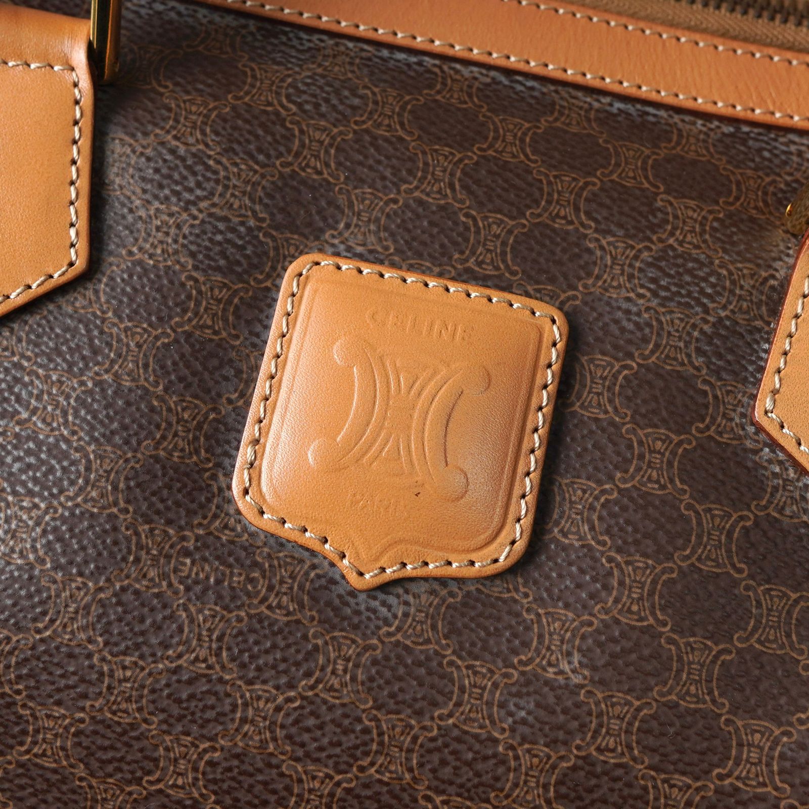 奮闘 セリーヌ マカダム PVC レザー ミニボストンバッグ ハンドバッグ ブラウン