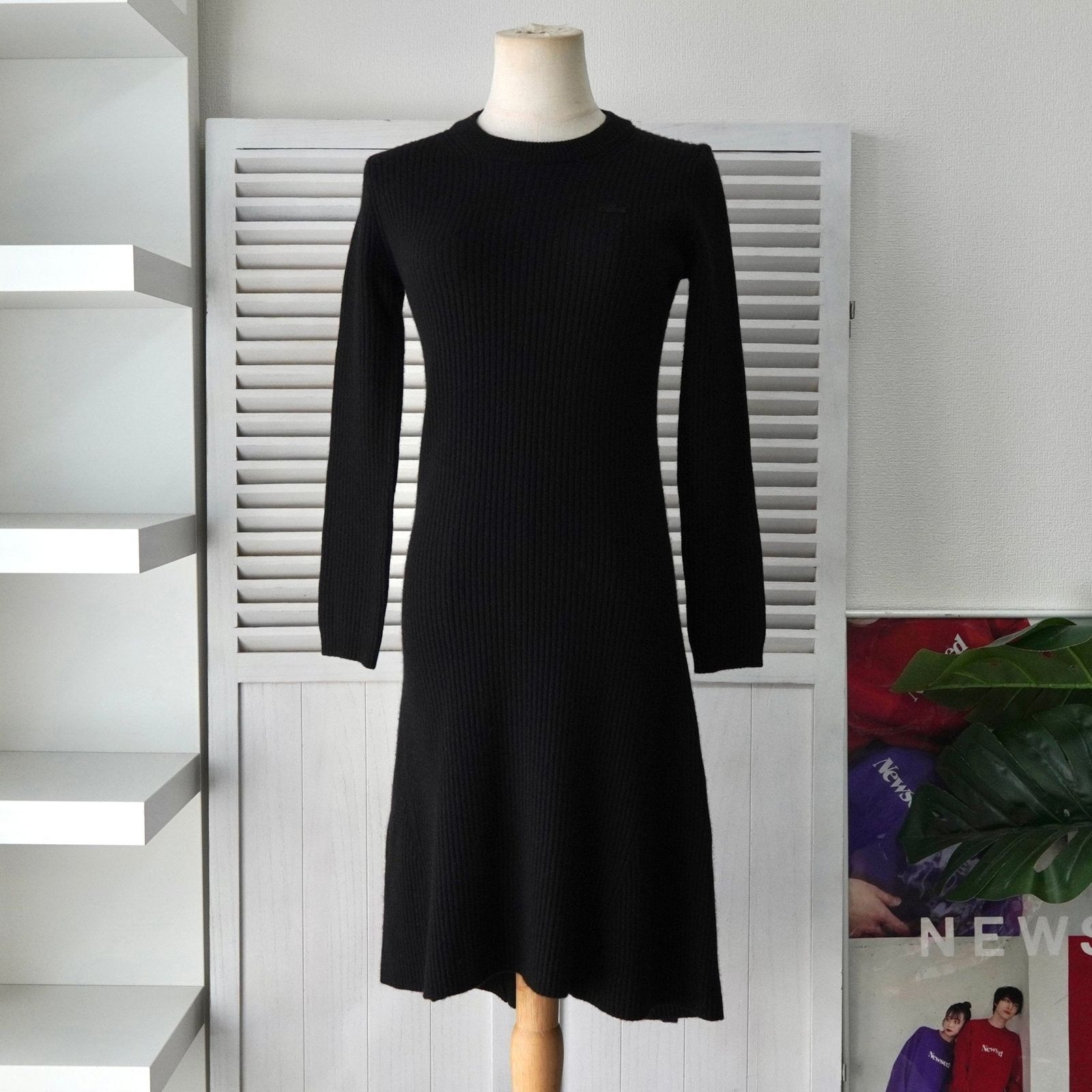 ラコステ ロゴパッチニットワンピース ブラック レディース