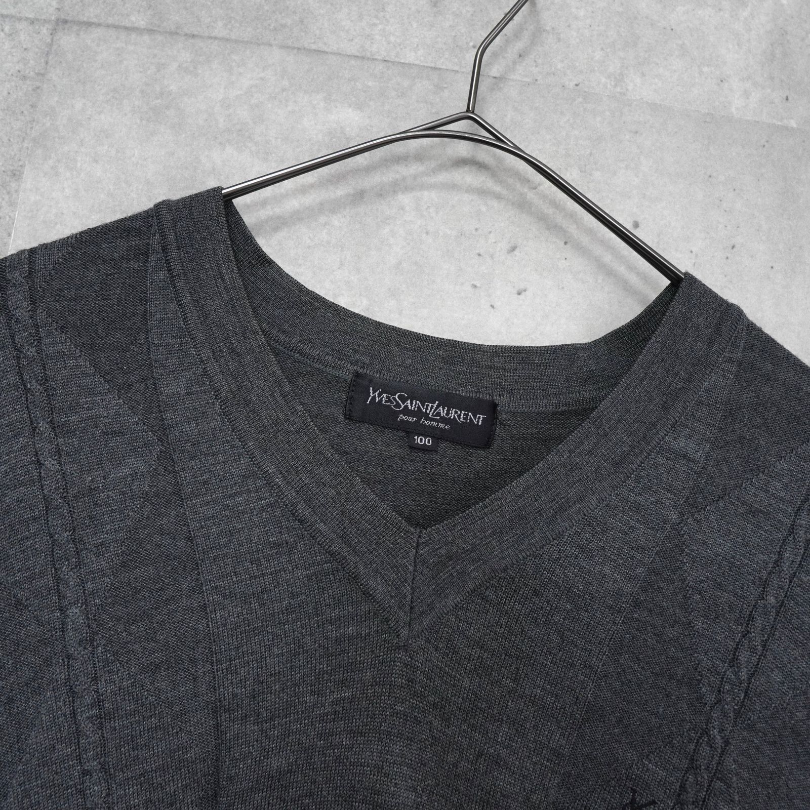 イヴ サンローラン ヴィンテージ YSLロゴ アーガイル柄 Vネック ニット