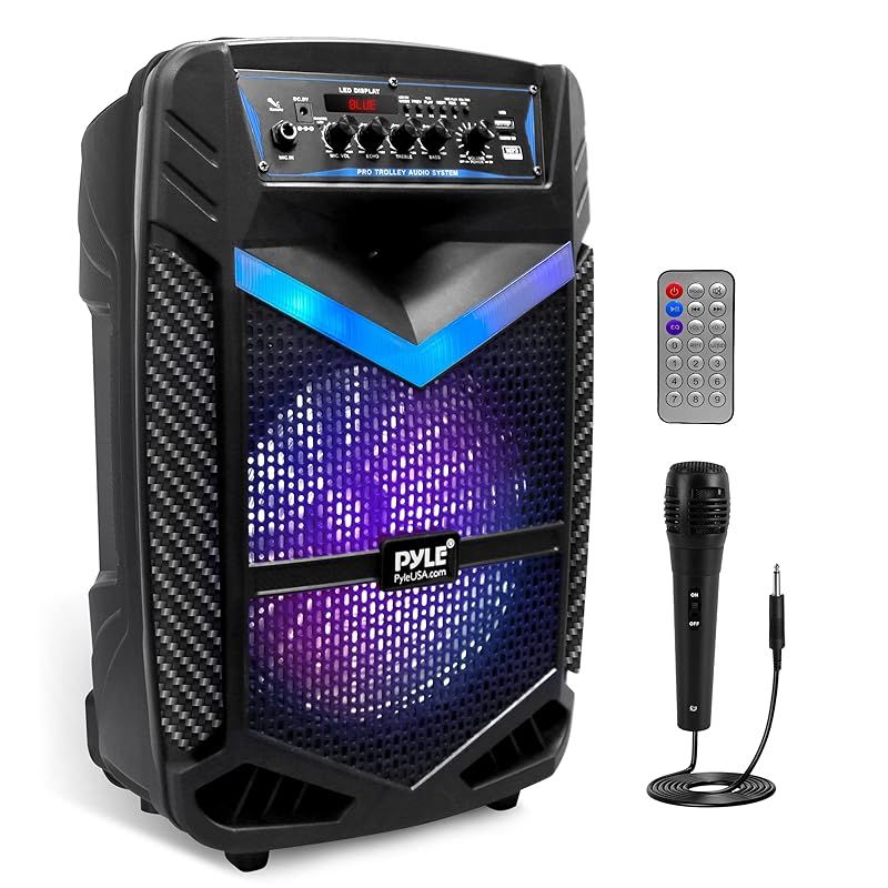 Pyle 400 W Bluetooth付き ワイヤレス スピーカー 充電式バッテリー 屋外で使える 重量3.1 kg. ８インチ サブウーファー 1インチ ツイーター付き 携帯用 PA システムスピーカー 録音機能 カラオケスピーカー マイク DJ パー