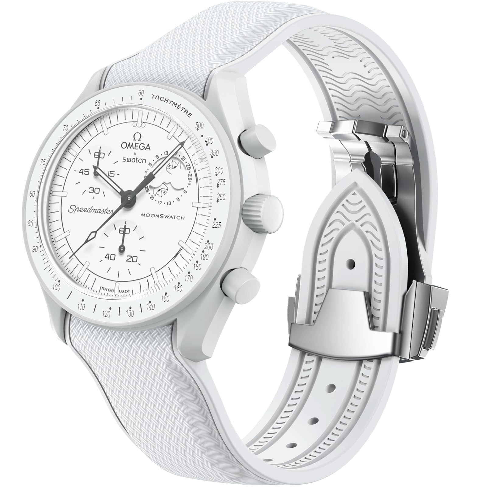 REBANDACEストラップ Omega x Swatch MoonSwatch Watch 20mm用 折りたたみ式バックルバンド Omega X Swatch Moonswatch Speedmaster対応 カーブした隙間のない交換用ストラ ホワイト