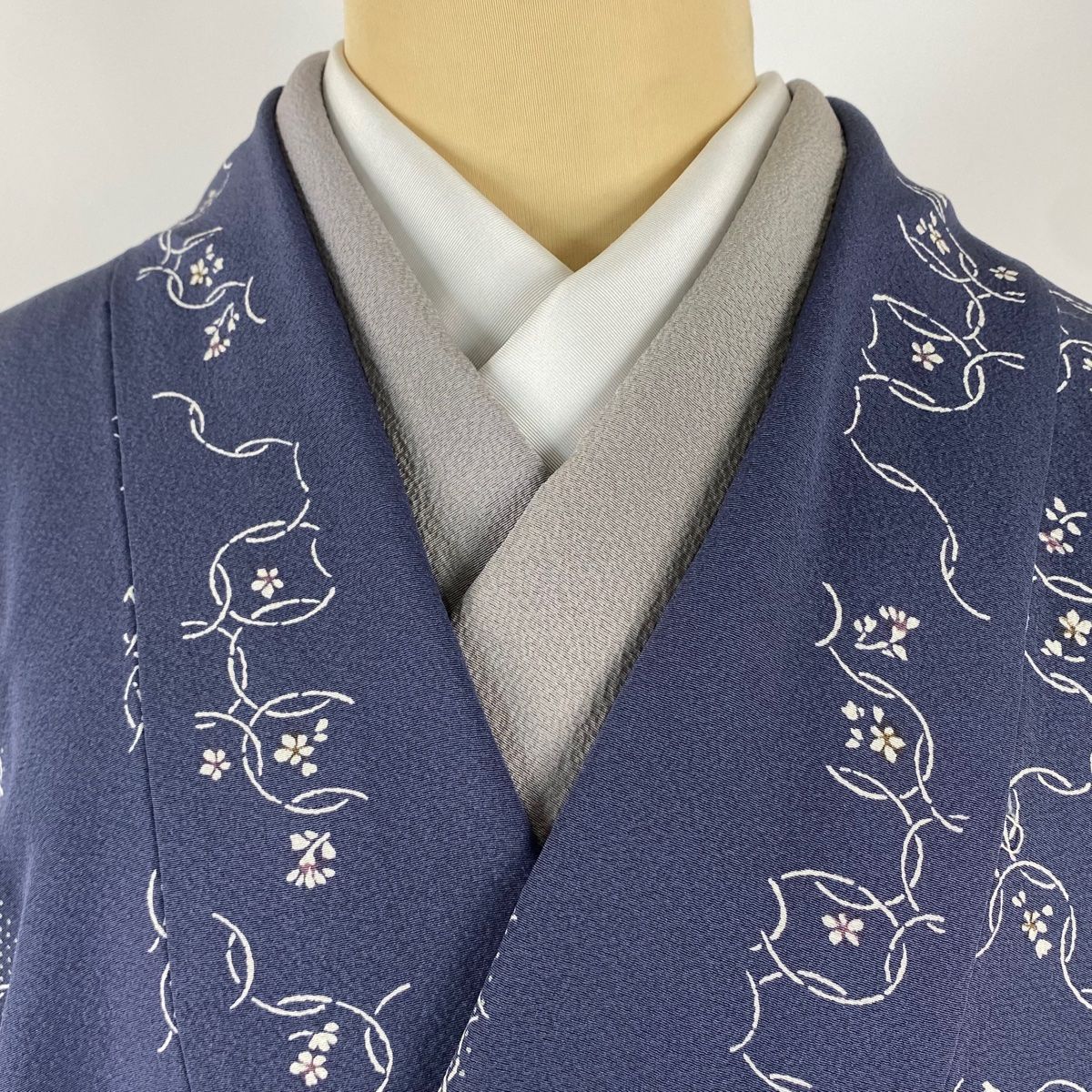  道中着 身丈100 5 cm 裄丈69 L 和装コート 草花 幾何学 青灰色 正絹 羽織 着物 浴衣