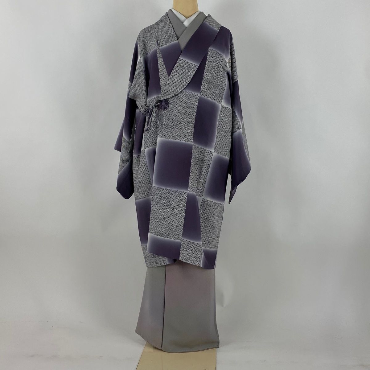 道中着 身丈100.5 cm 裄丈66.5 M 和装コート 市松 疋田 ぼかし 紫 正絹